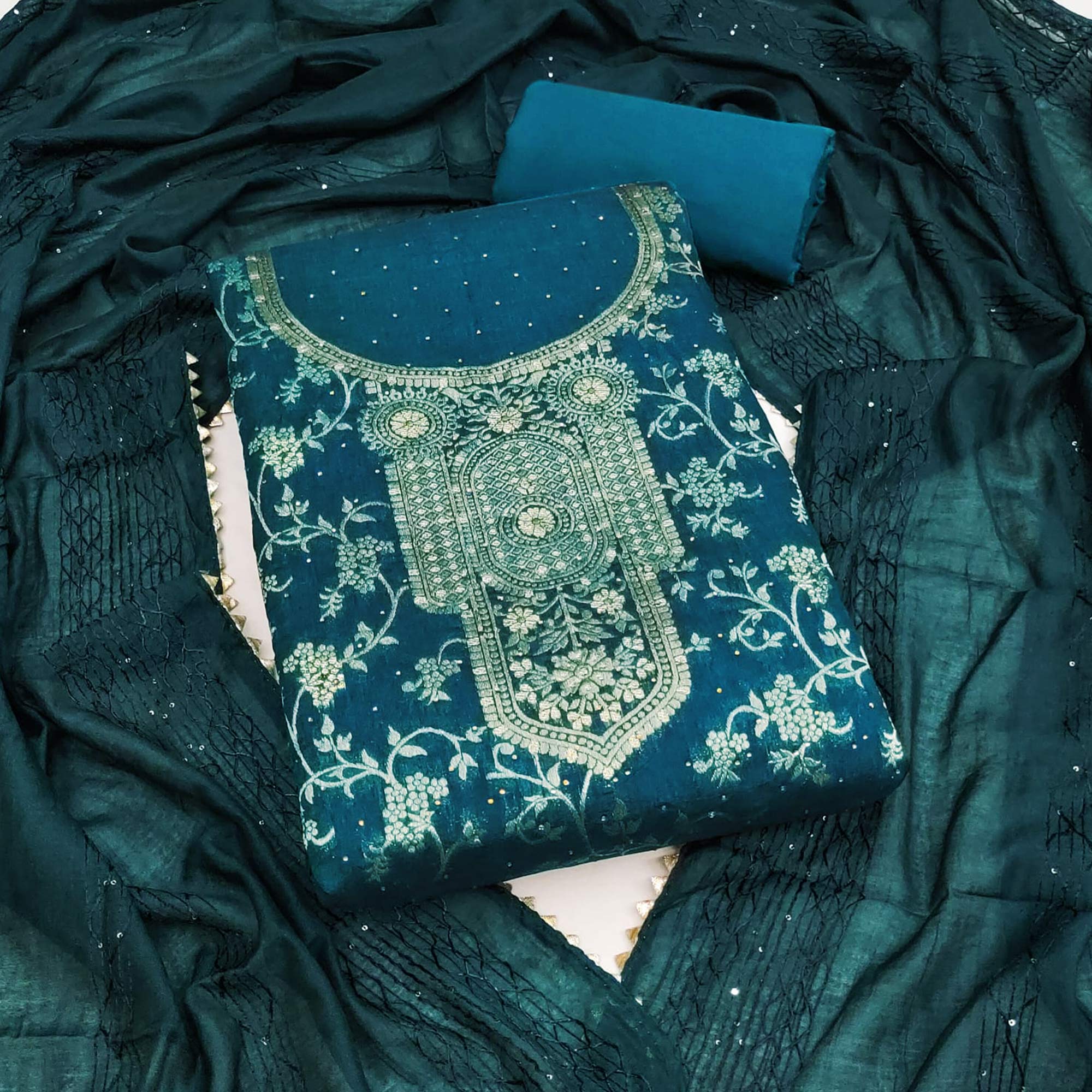 Teal Floral Woven With Stonework Banarasi Jacquard Dress Material