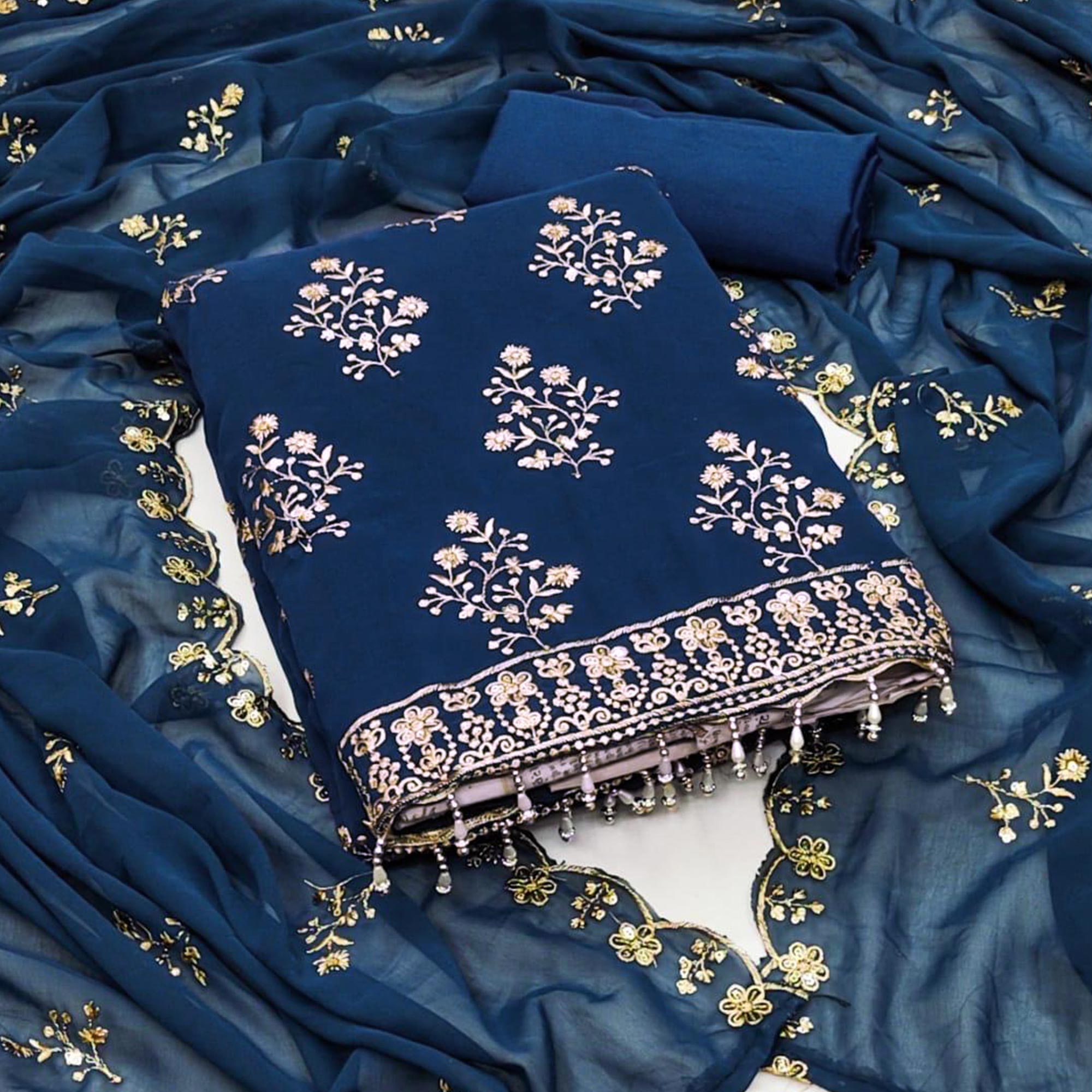 Blue Floral Sequins Embroidered Georgette Dress Material