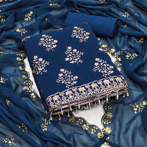 Blue Floral Sequins Embroidered Georgette Dress Material
