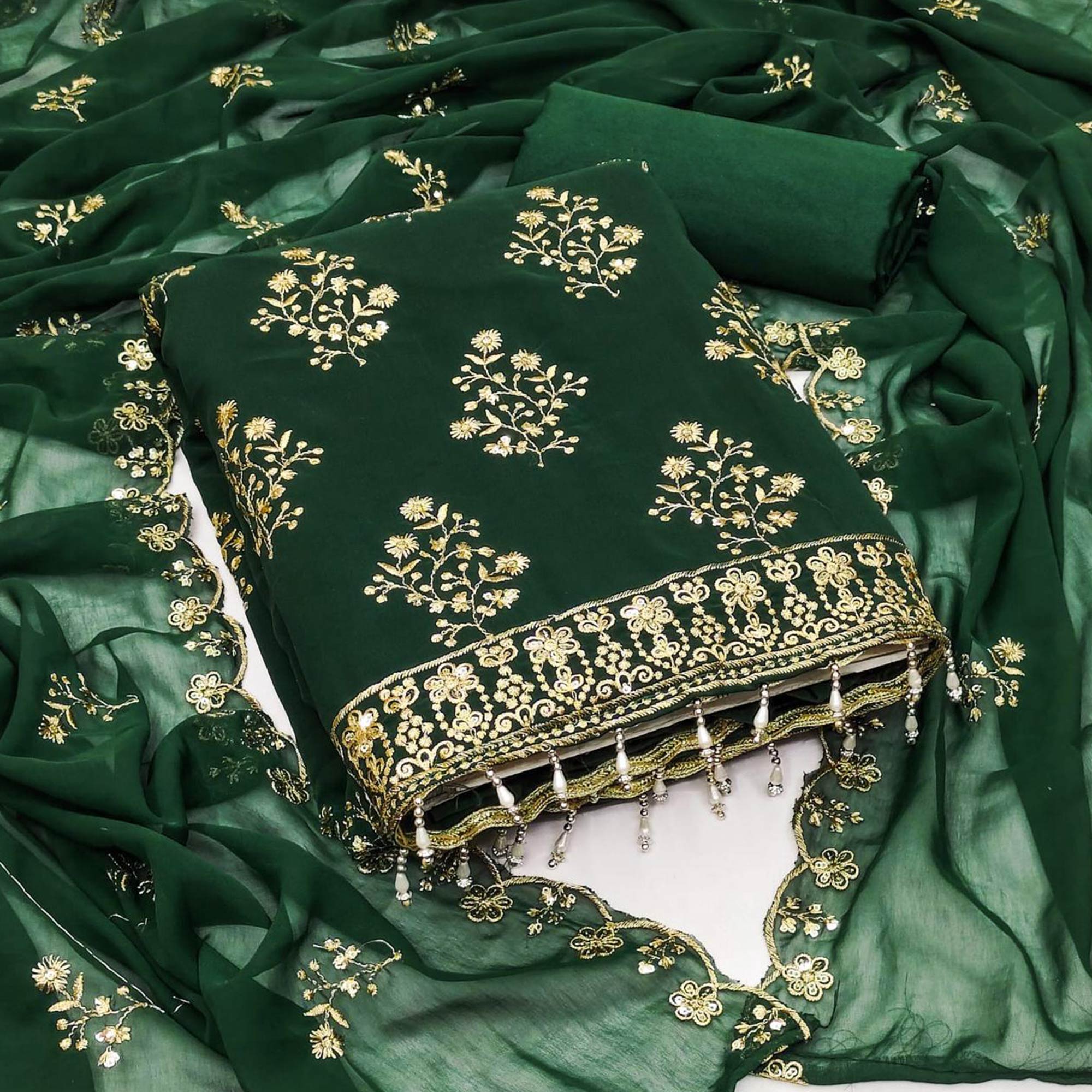 Green Floral Sequins Embroidered Georgette Dress Material