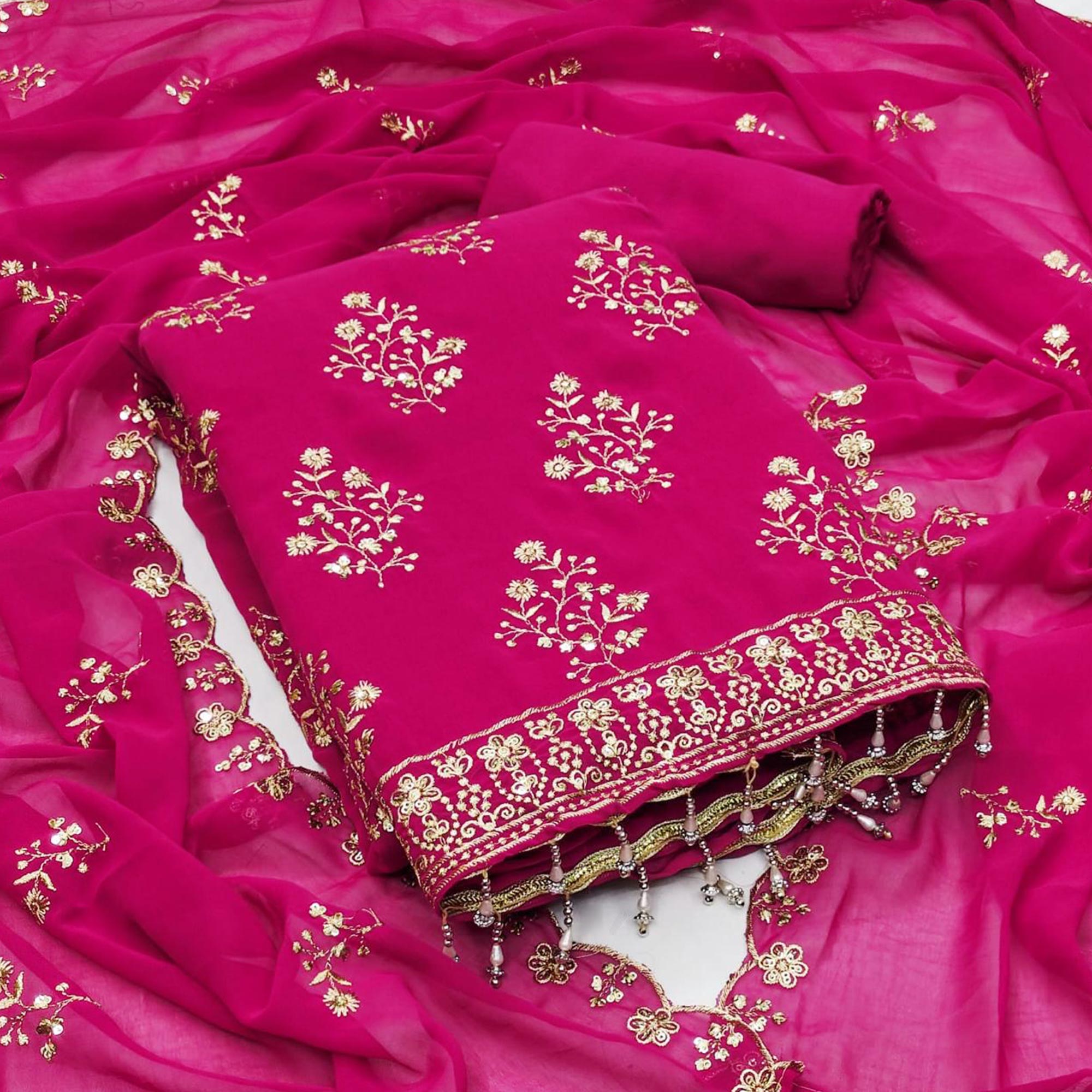 Rani Pink Floral Sequins Embroidered Georgette Dress Material