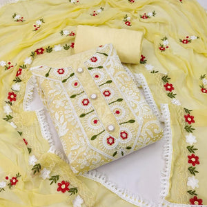 Yellow Floral Embroidered Chanderi Dress Material