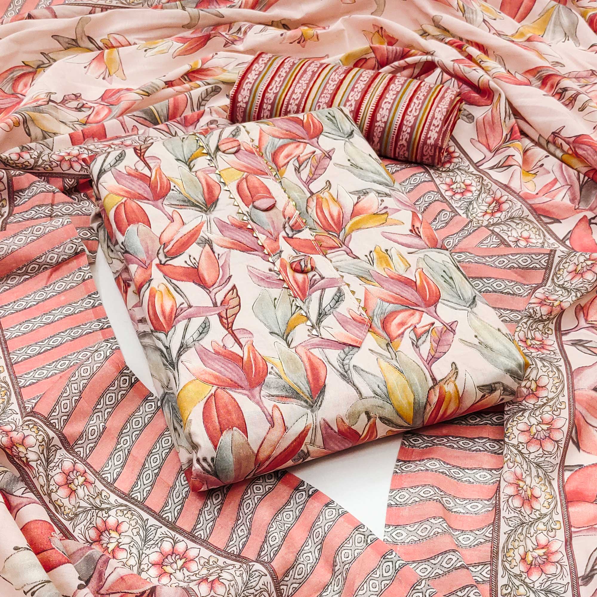 Peach Floral Printed Cotton Blend Dress Material