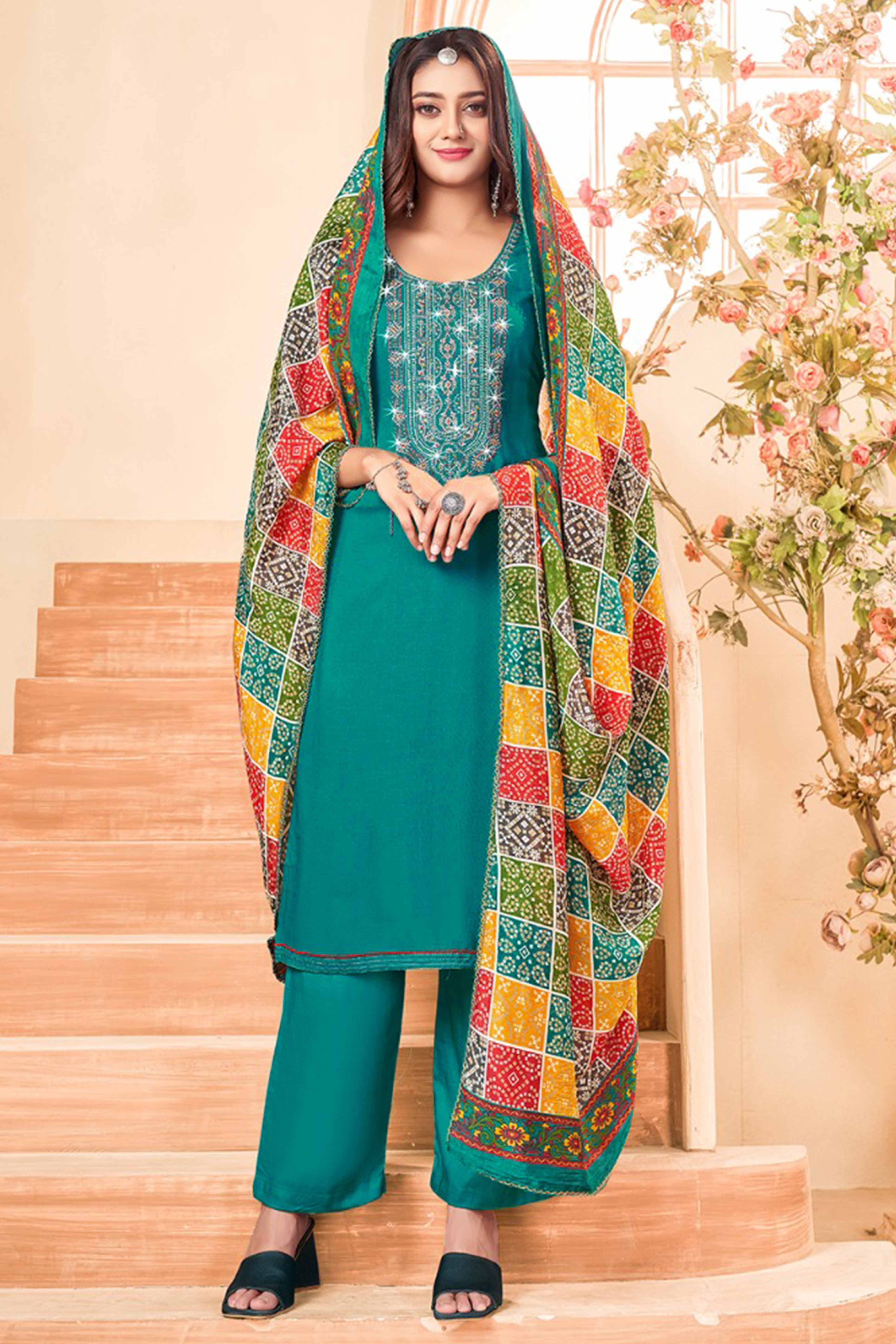 Rama Blue Embroidery With Diamond Rayon Dress Material