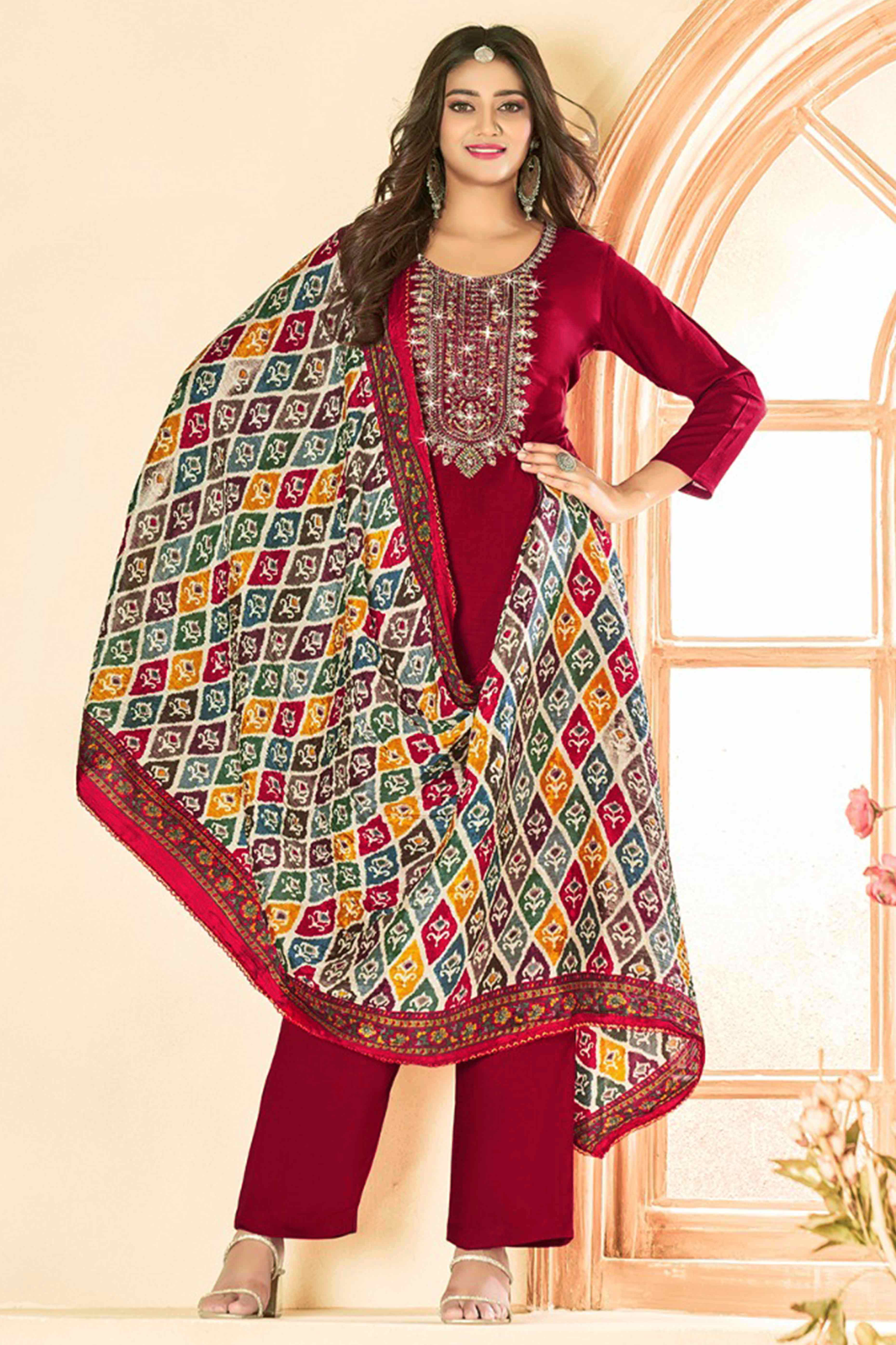 Maroon Embroidery With Diamond Rayon Dress Material