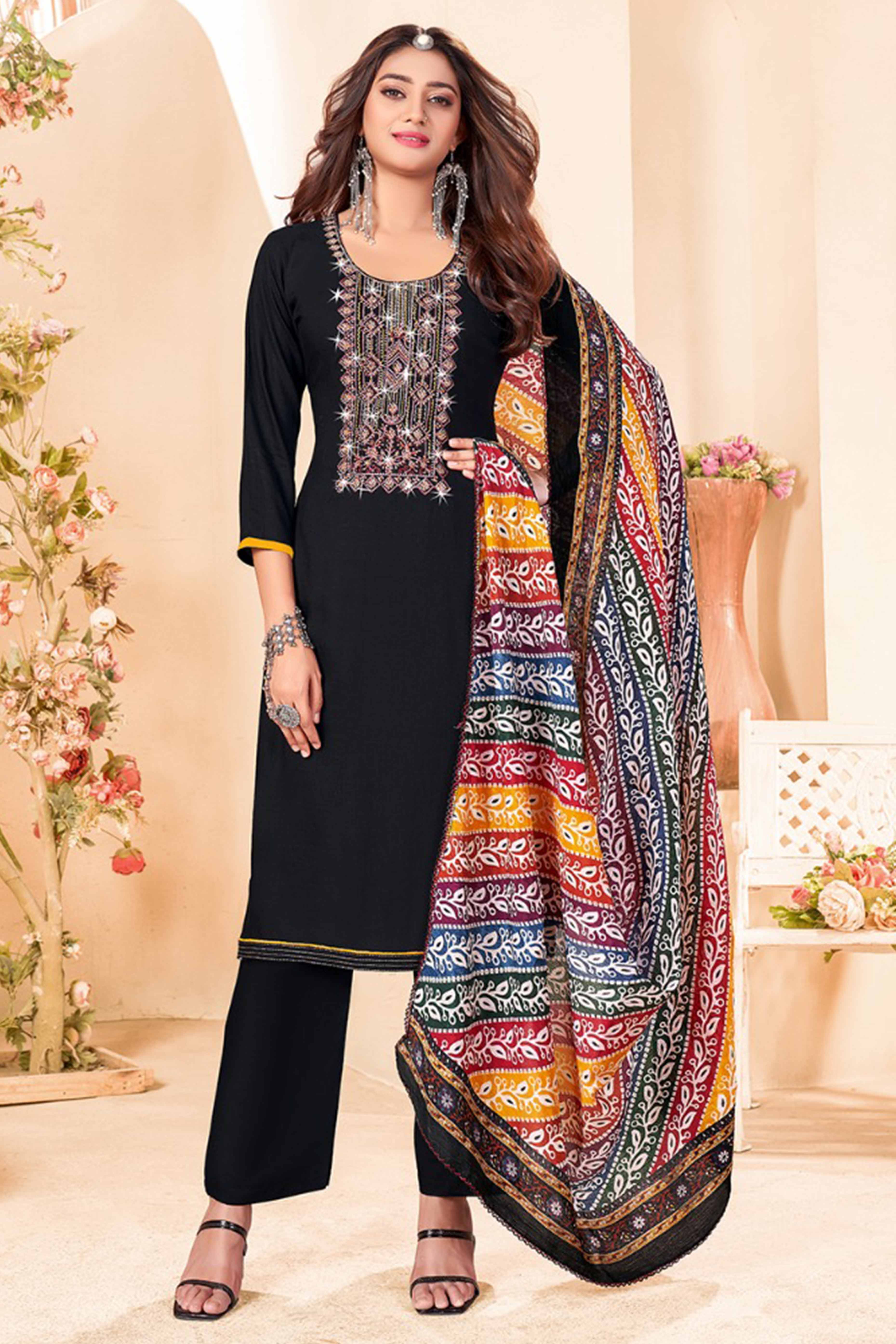 Black Embroidery With Diamond Rayon Dress Material