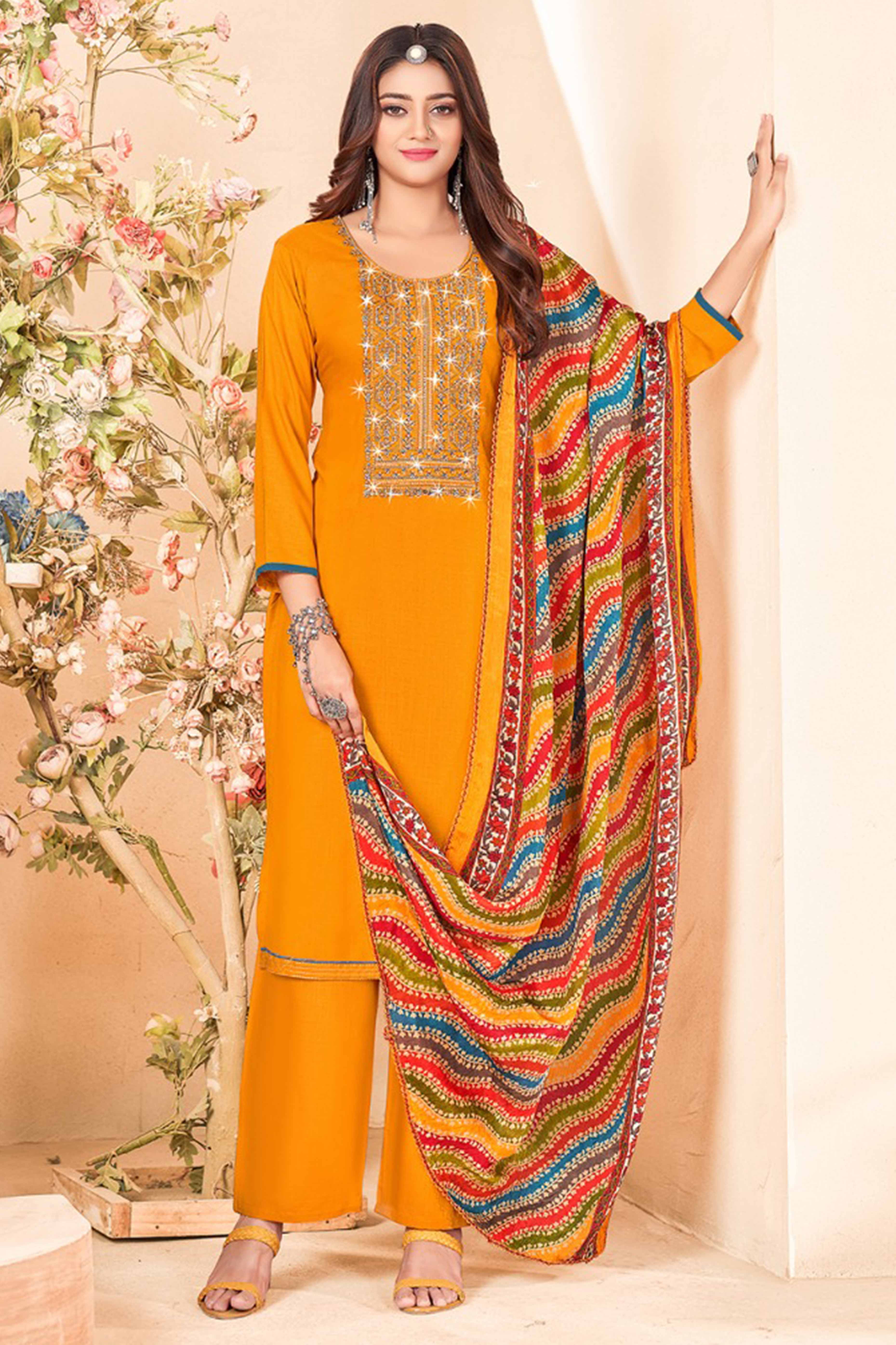 Mustard Embroidery With Diamond Rayon Dress Material