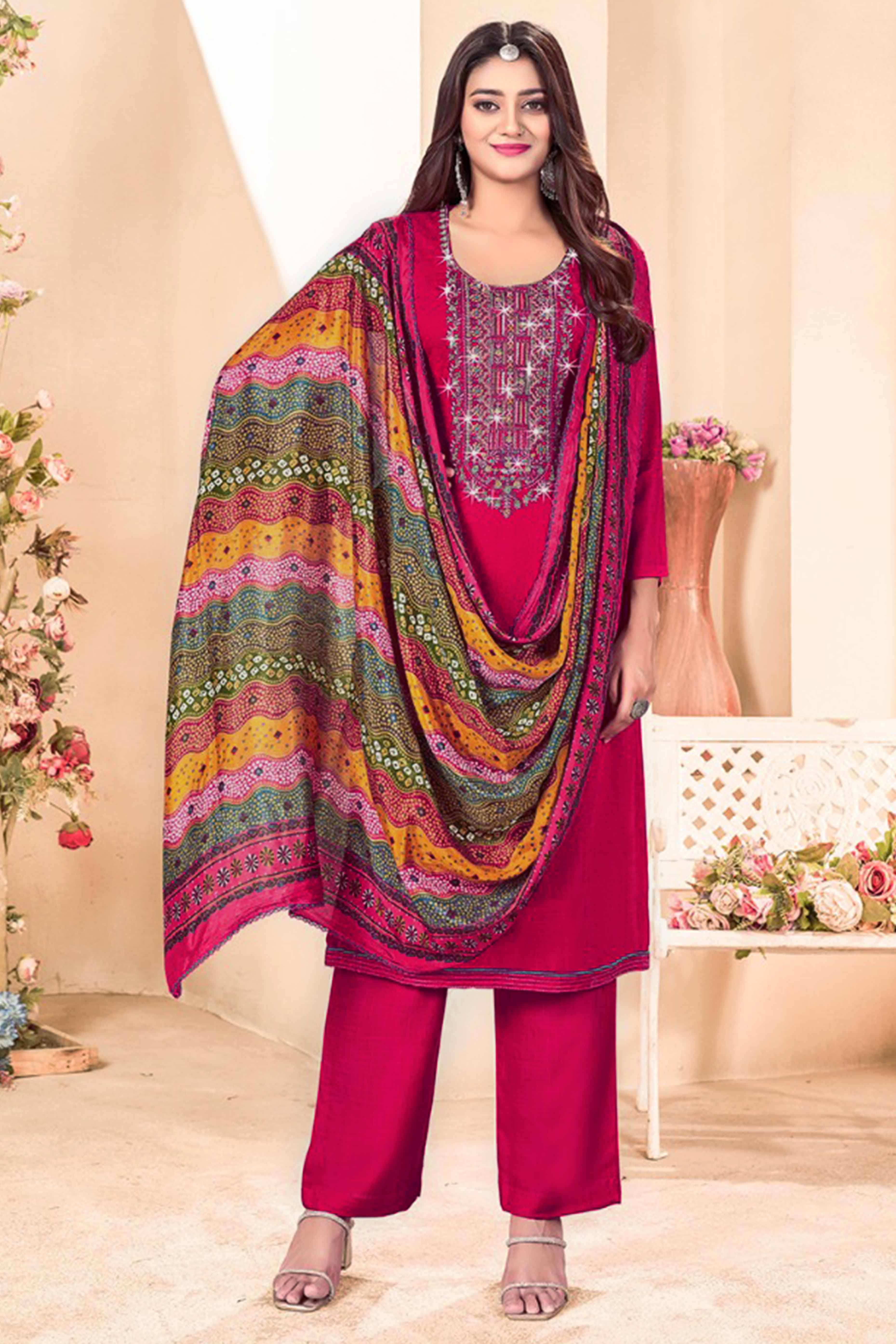 Rani Pink Embroidery With Diamond Rayon Dress Material