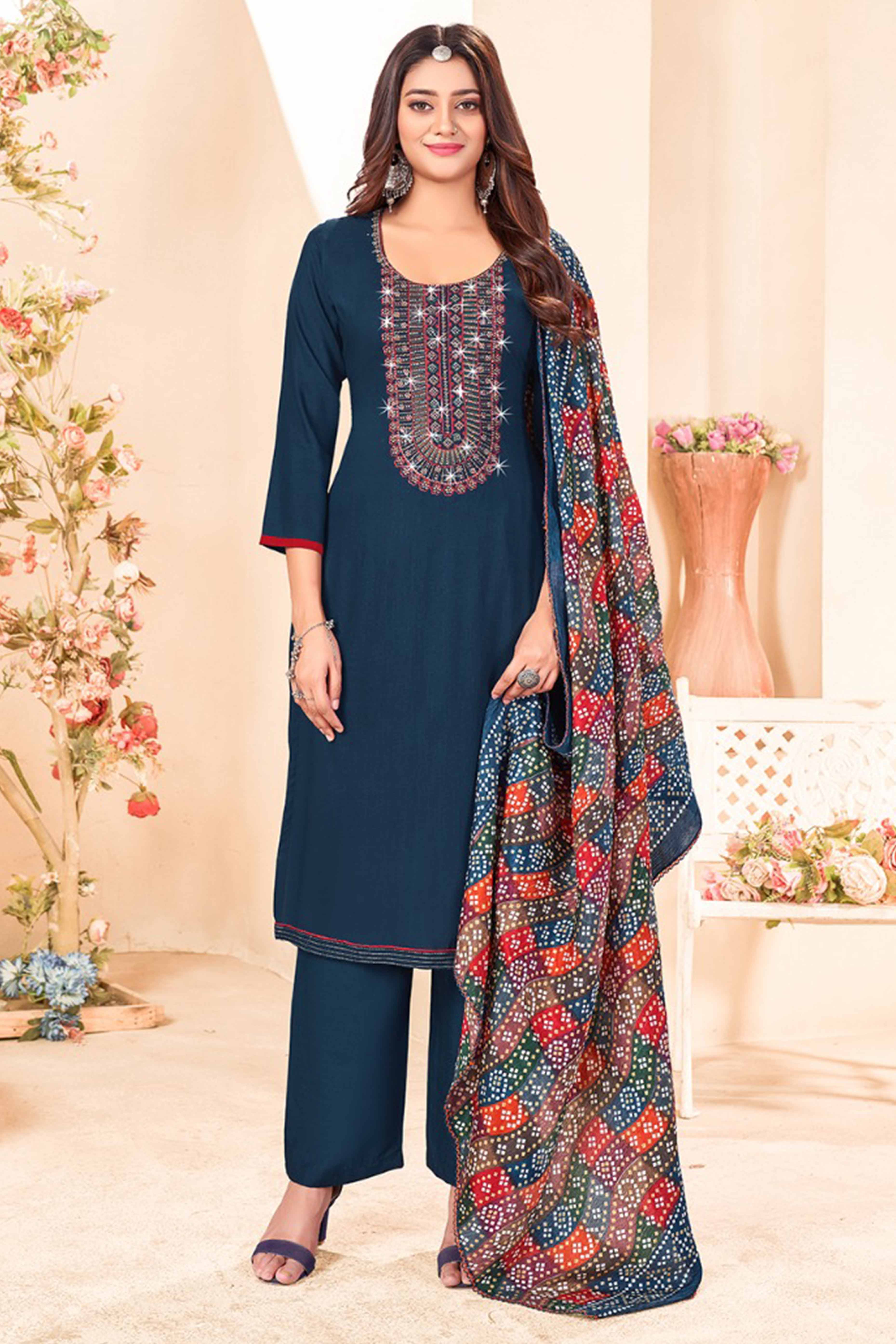 Blue Embroidery With Diamond Rayon Dress Material