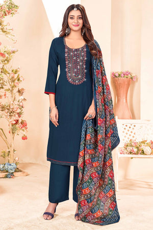 Blue Embroidery With Diamond Rayon Dress Material