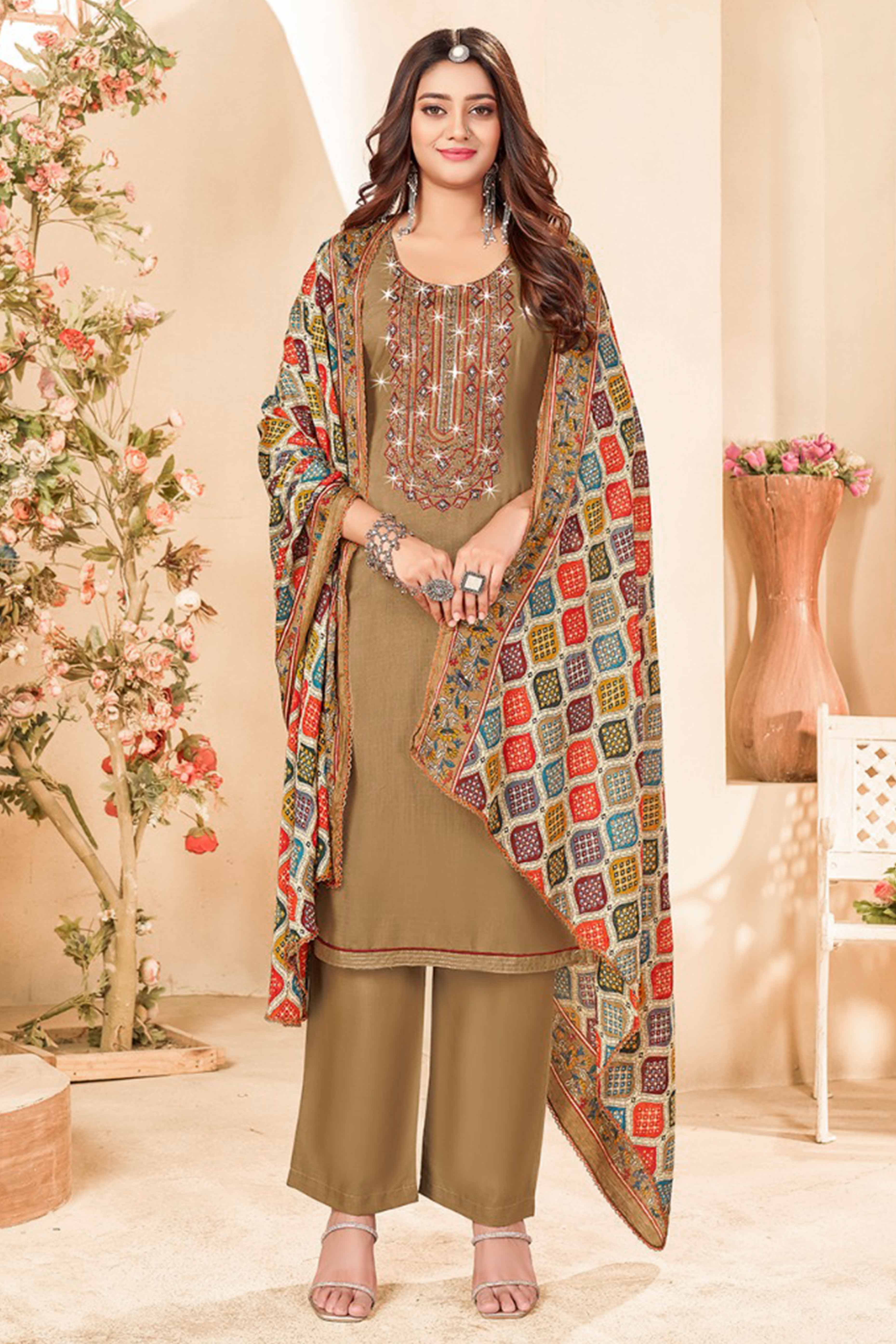 Chikoo Embroidery With Diamond Rayon Dress Material