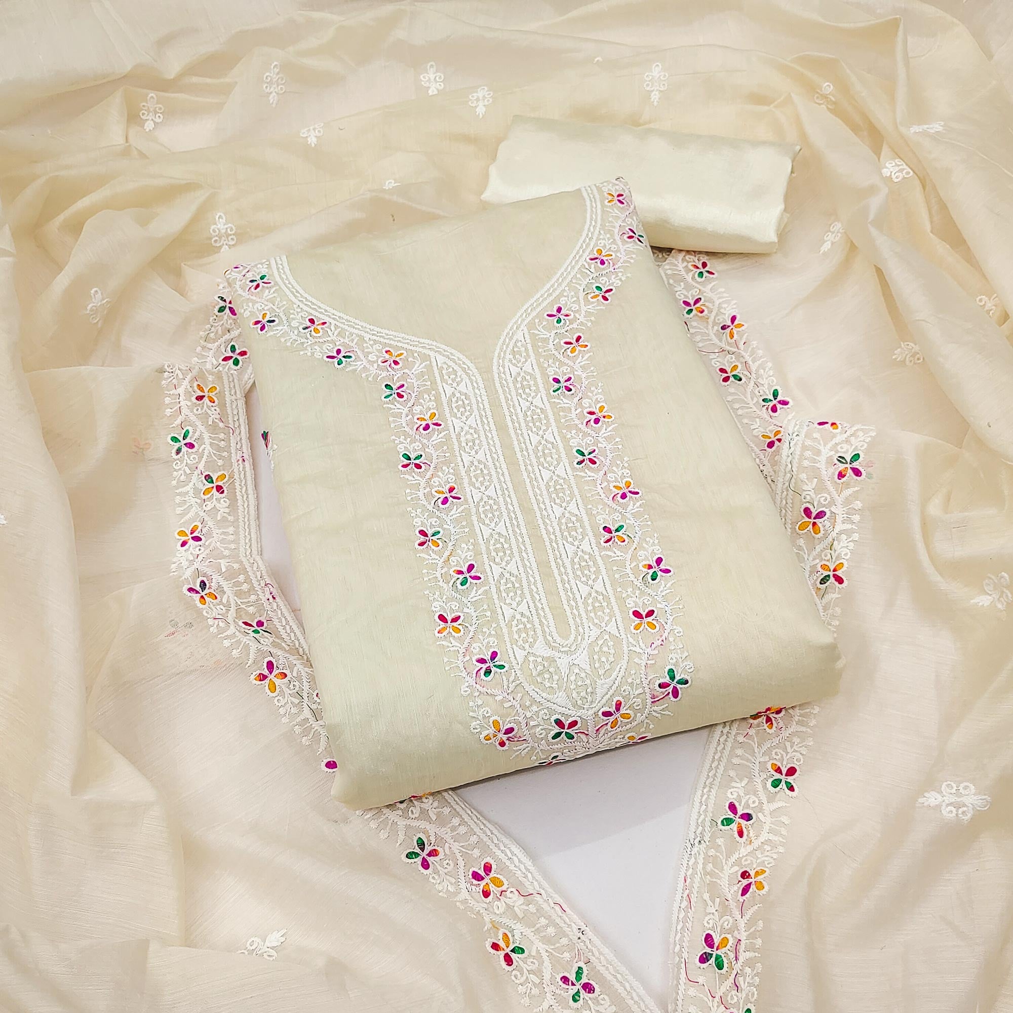 Cream Chanderi Silk Dress Material Beautified with Intricate Floral Thread Embroidery