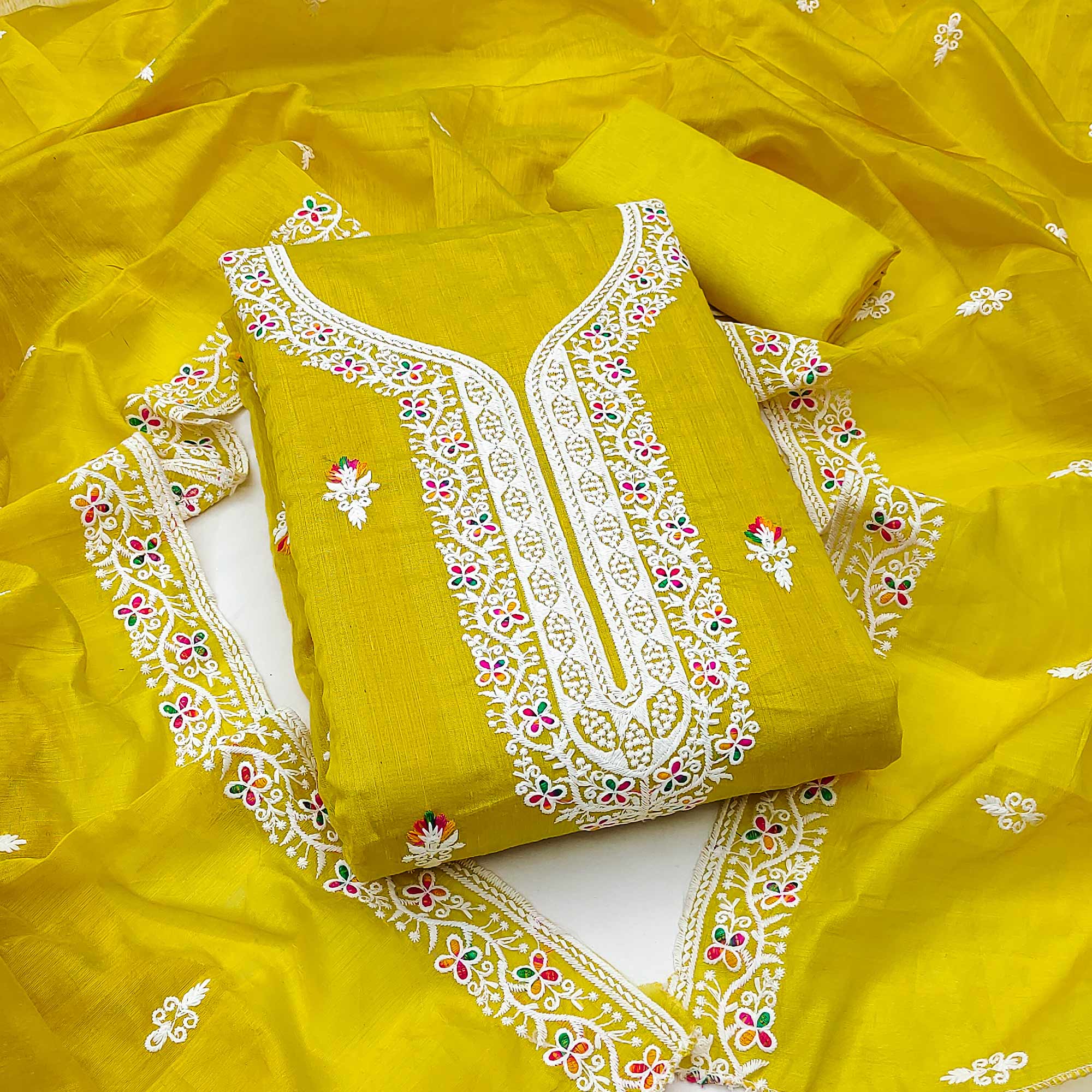 Lemon Yellow Floral Embroidered Chanderi Dress Material