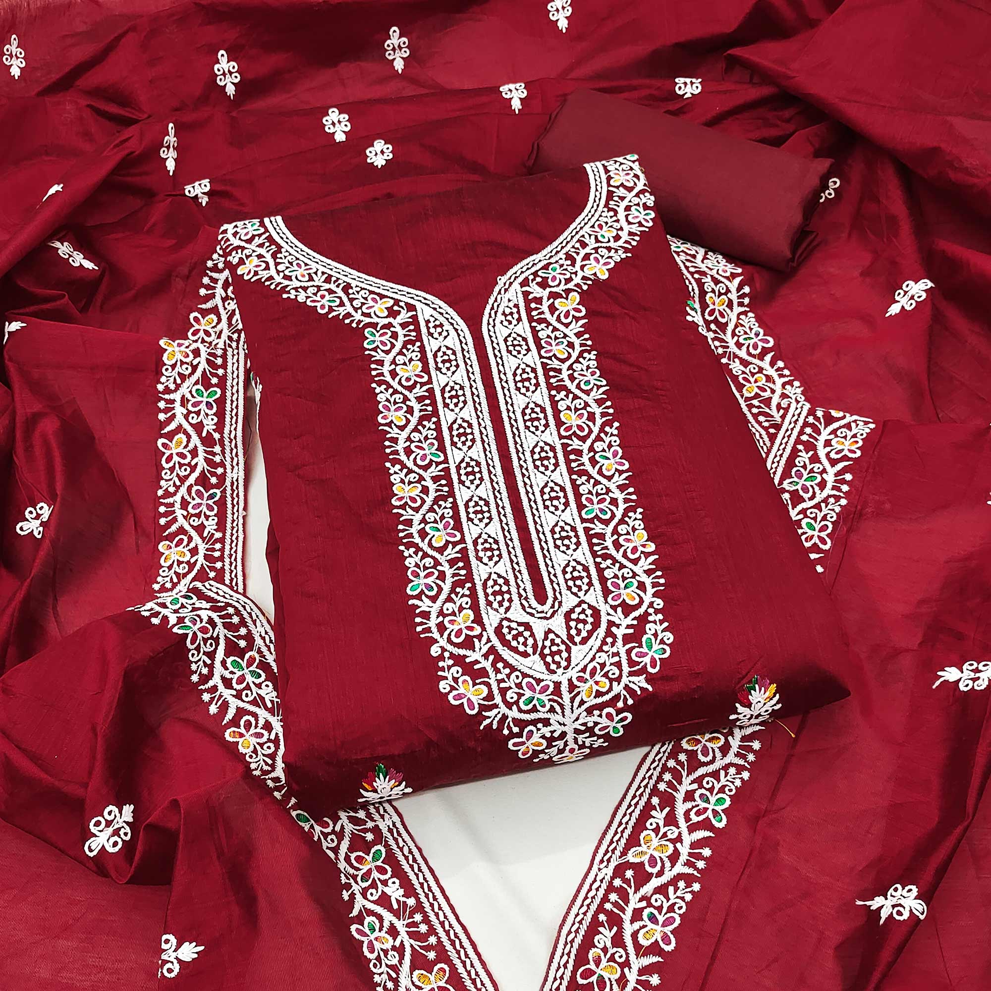 Maroon Chanderi Silk Dress Material Beautified with Intricate Floral Thread Embroidery