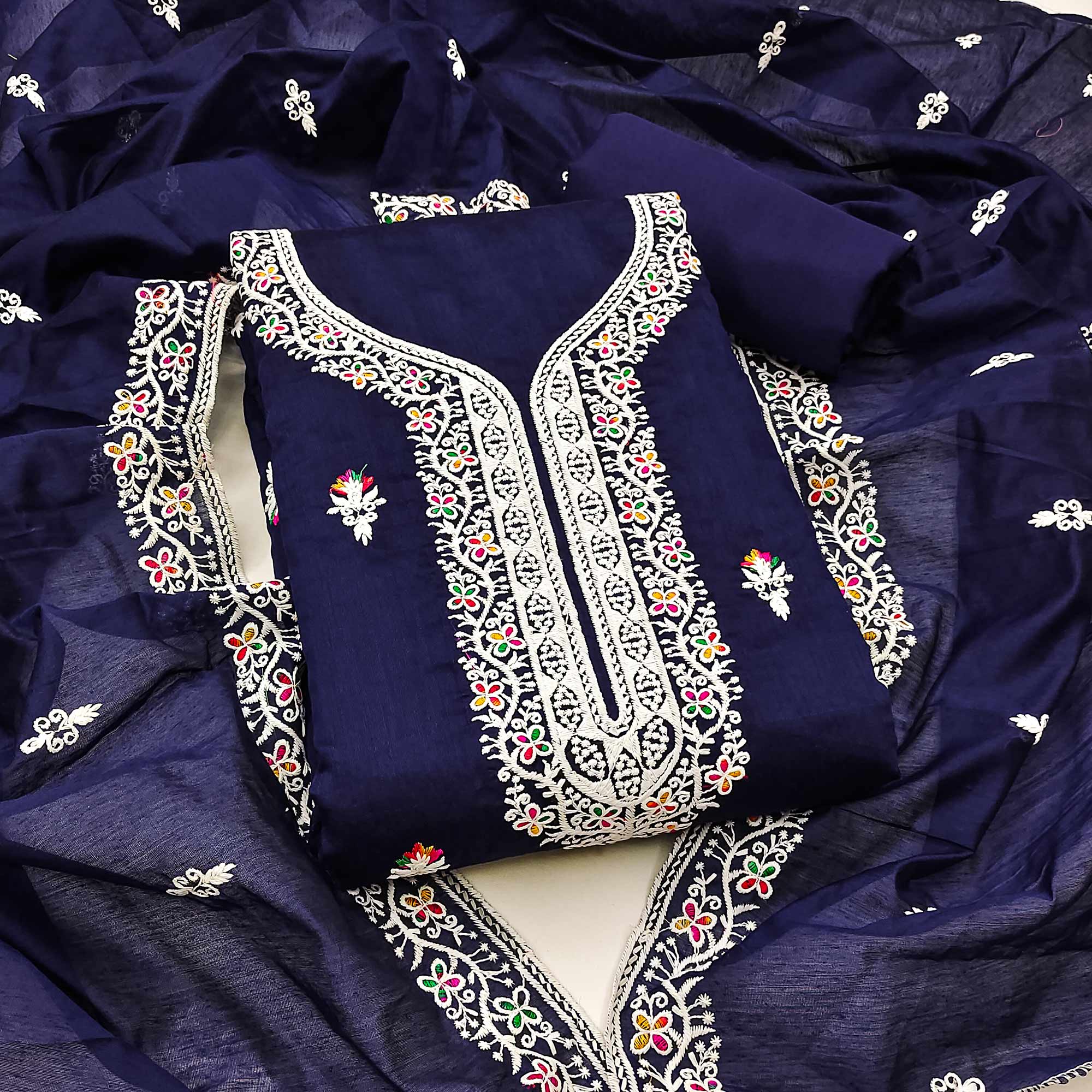 Navy Blue Floral Embroidered Chanderi Dress Material