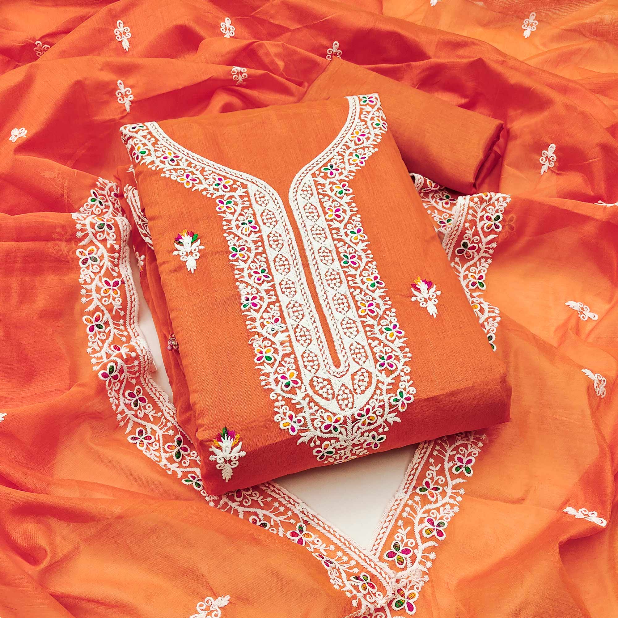 Orange Floral Embroidered Chanderi Dress Material