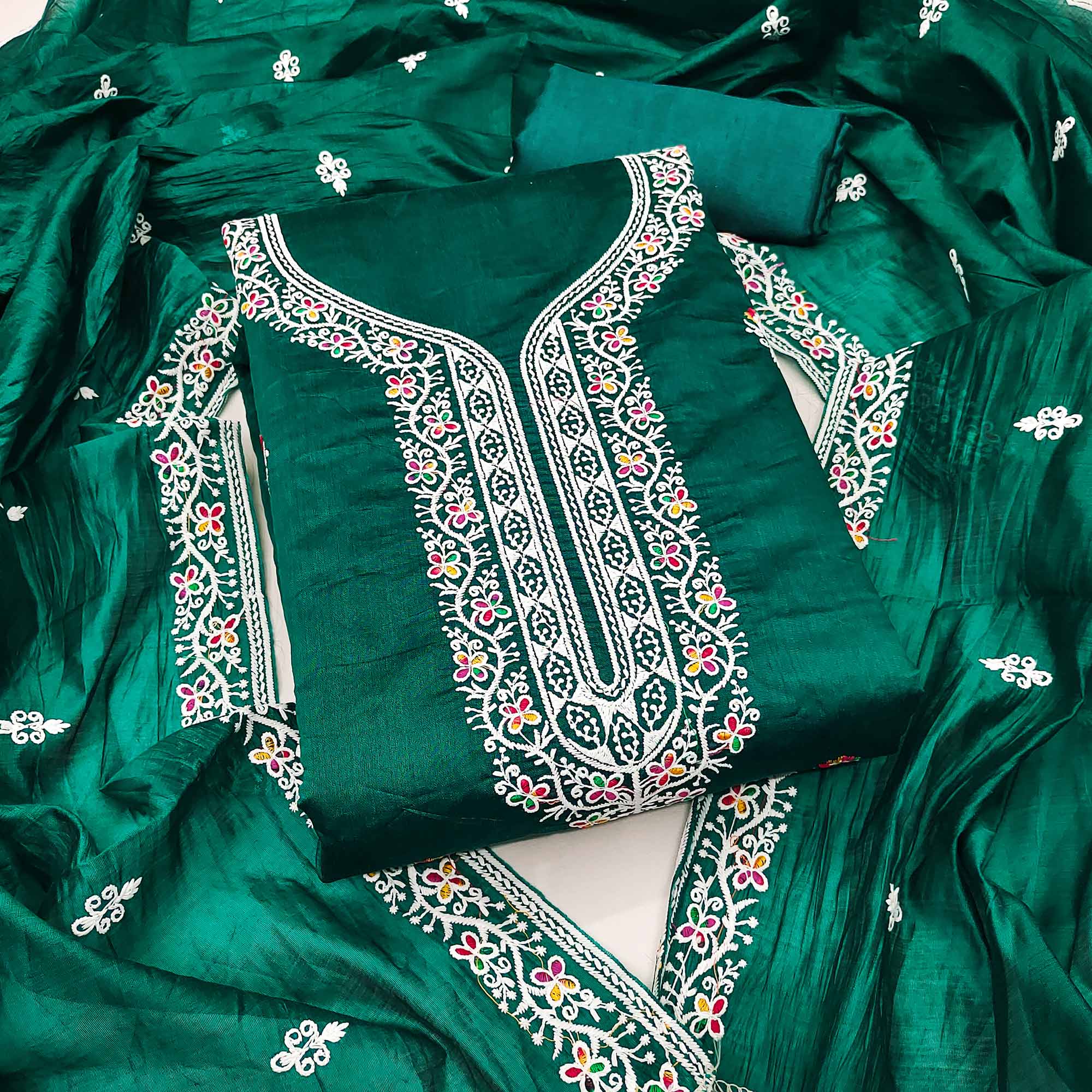 Rama Green Chanderi Silk Dress Material Beautified with Intricate Floral Thread Embroidery