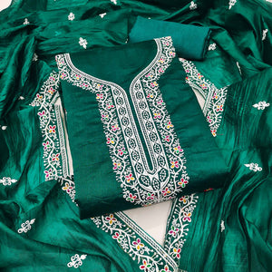 Rama Green Chanderi Silk Dress Material Beautified with Intricate Floral Thread Embroidery