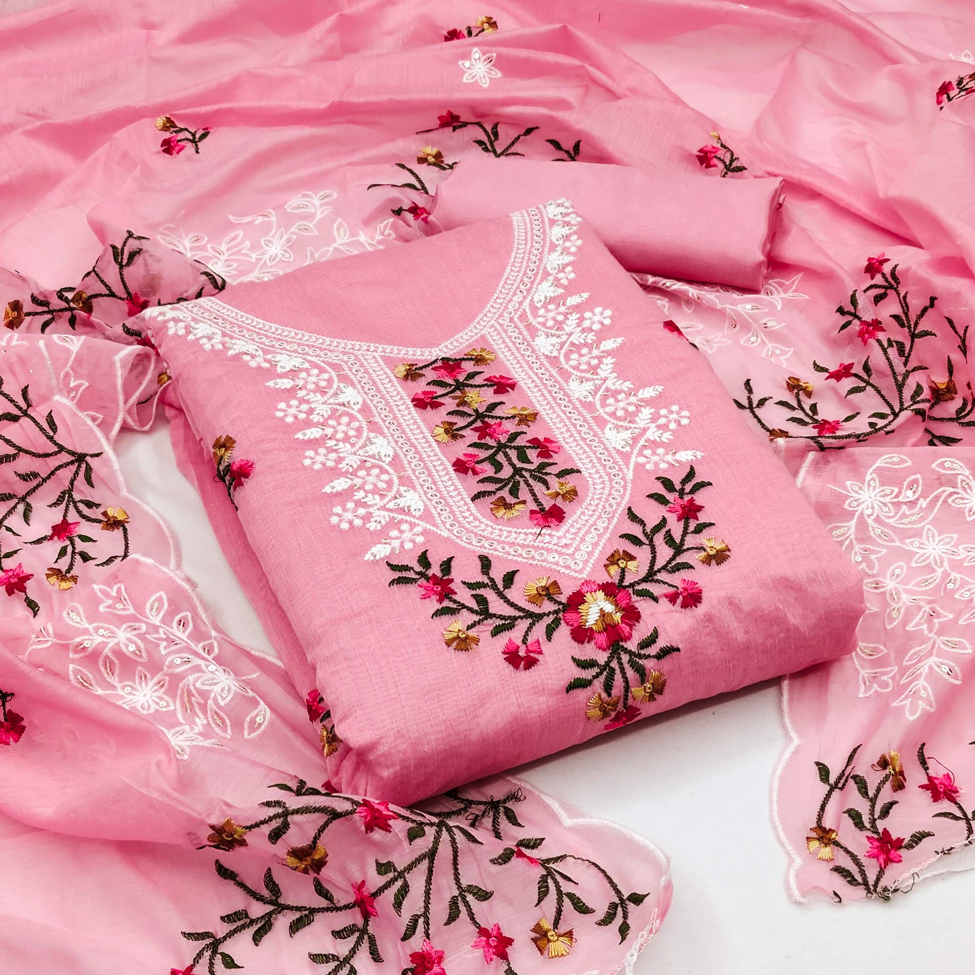 Pink Floral Sequins Embroidered Chanderi Dress Material