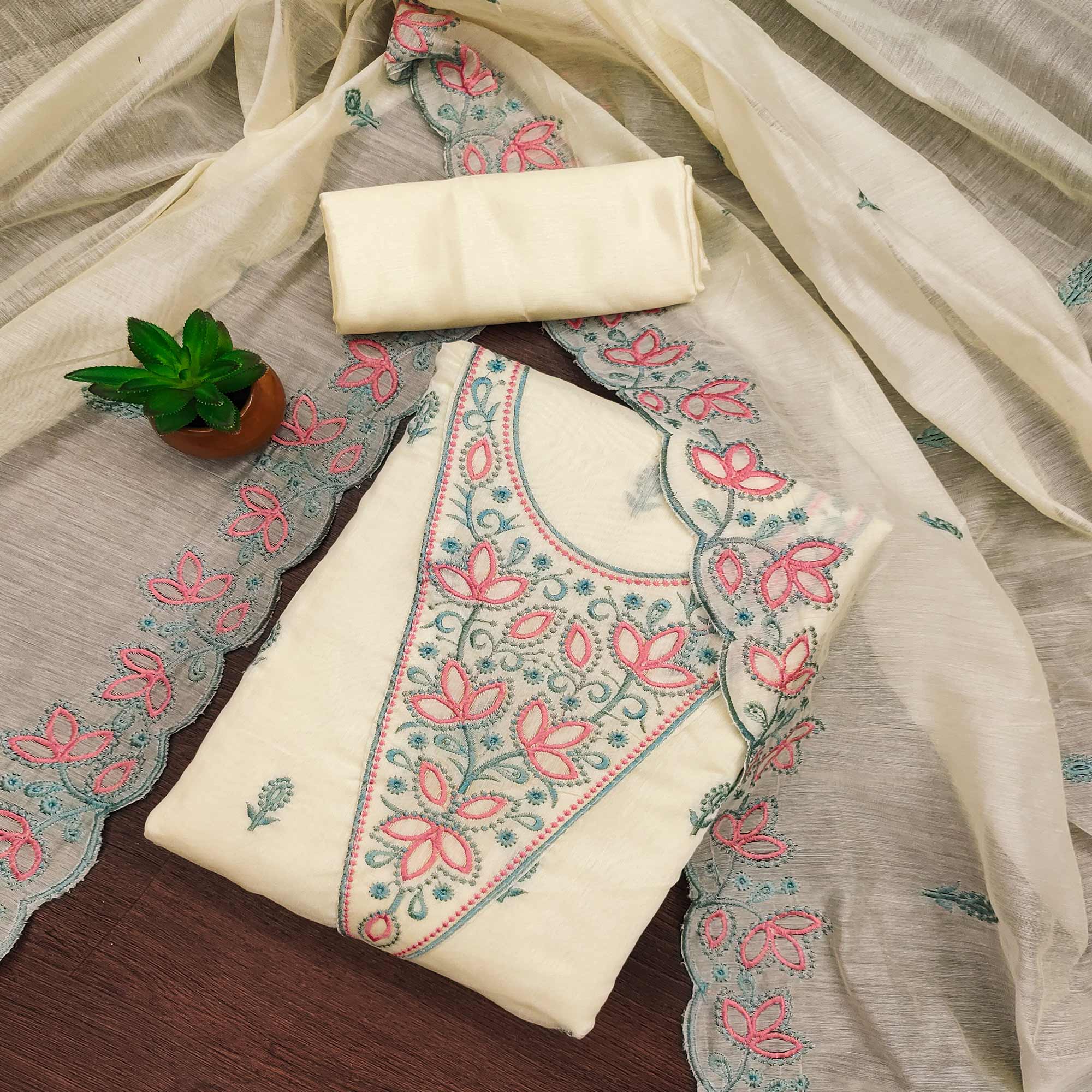 Cream Floral Embroidered Chanderi Dress Material