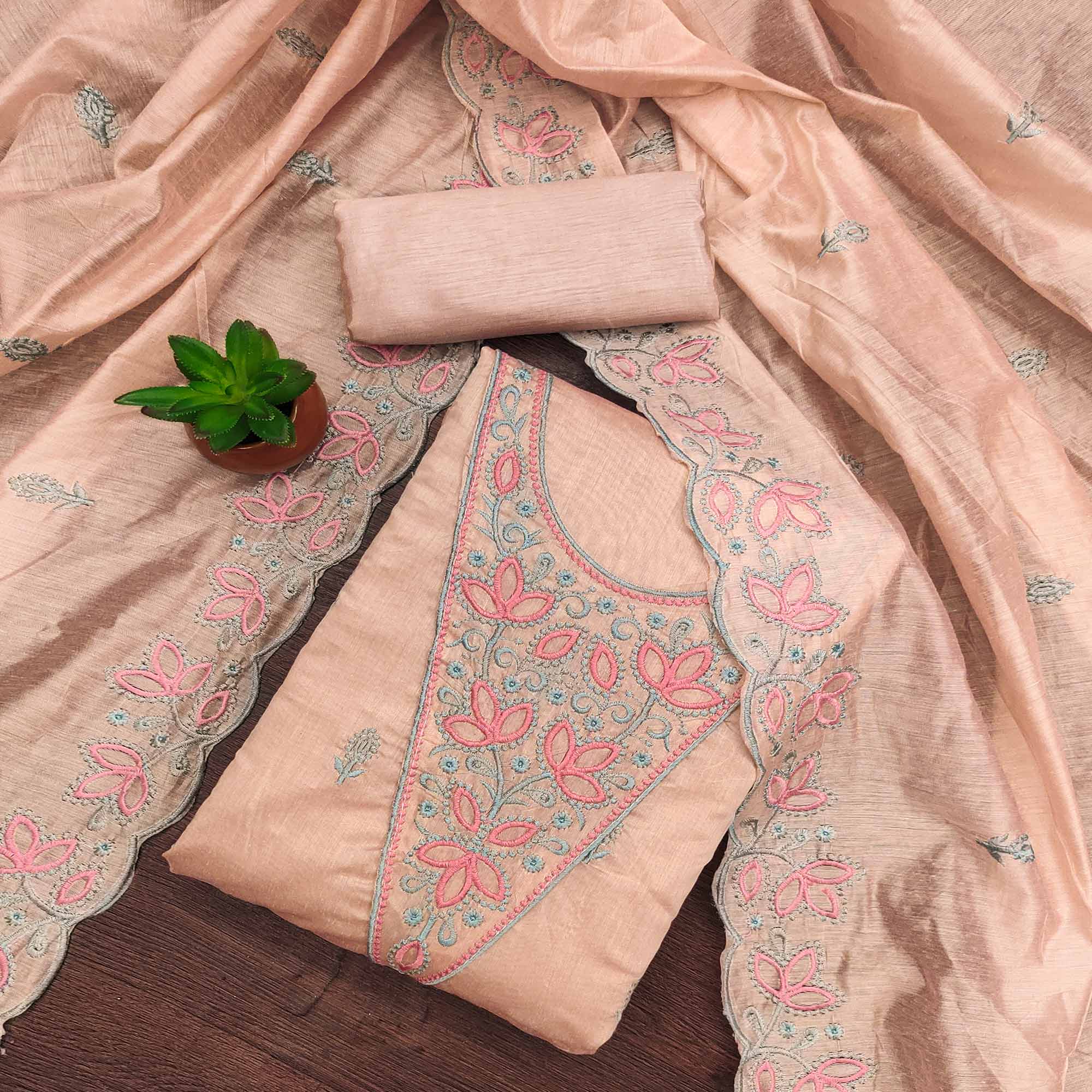 Light Peach Floral Embroidered Chanderi Dress Material