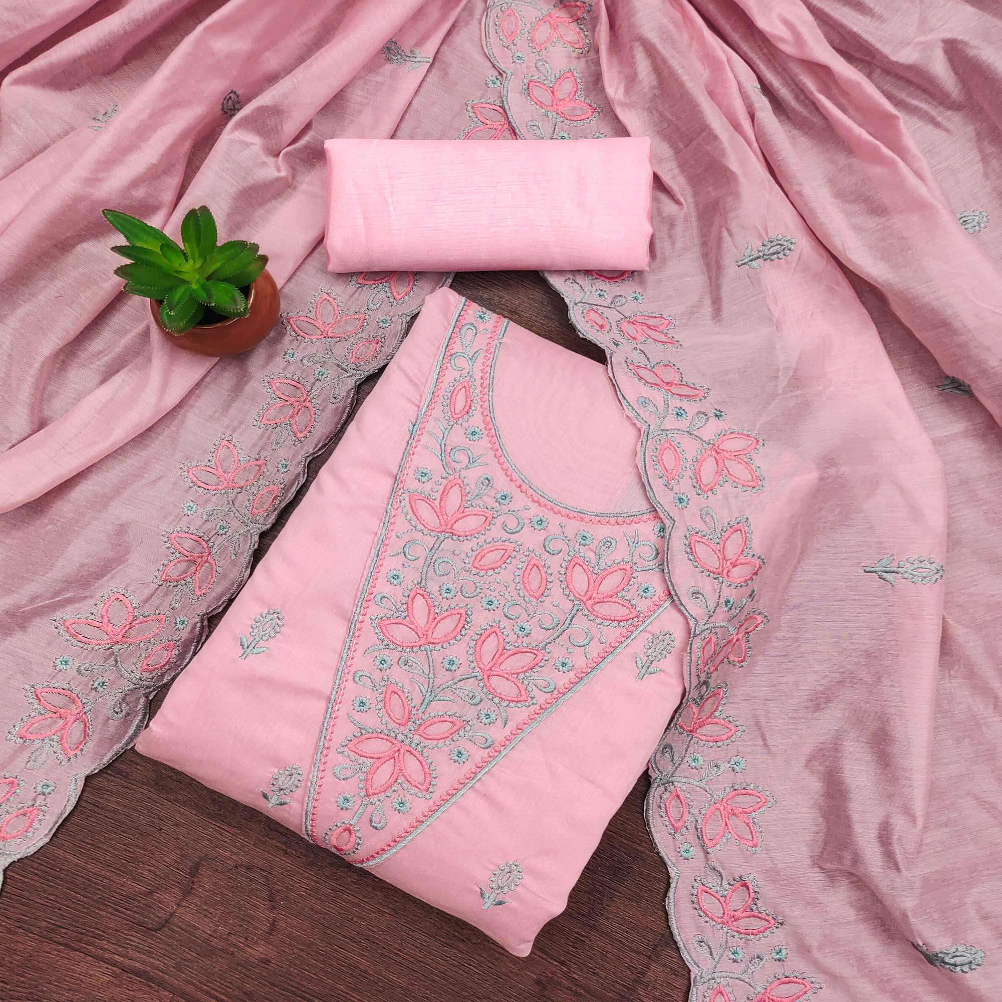 Pink Floral Embroidered Chanderi Dress Material