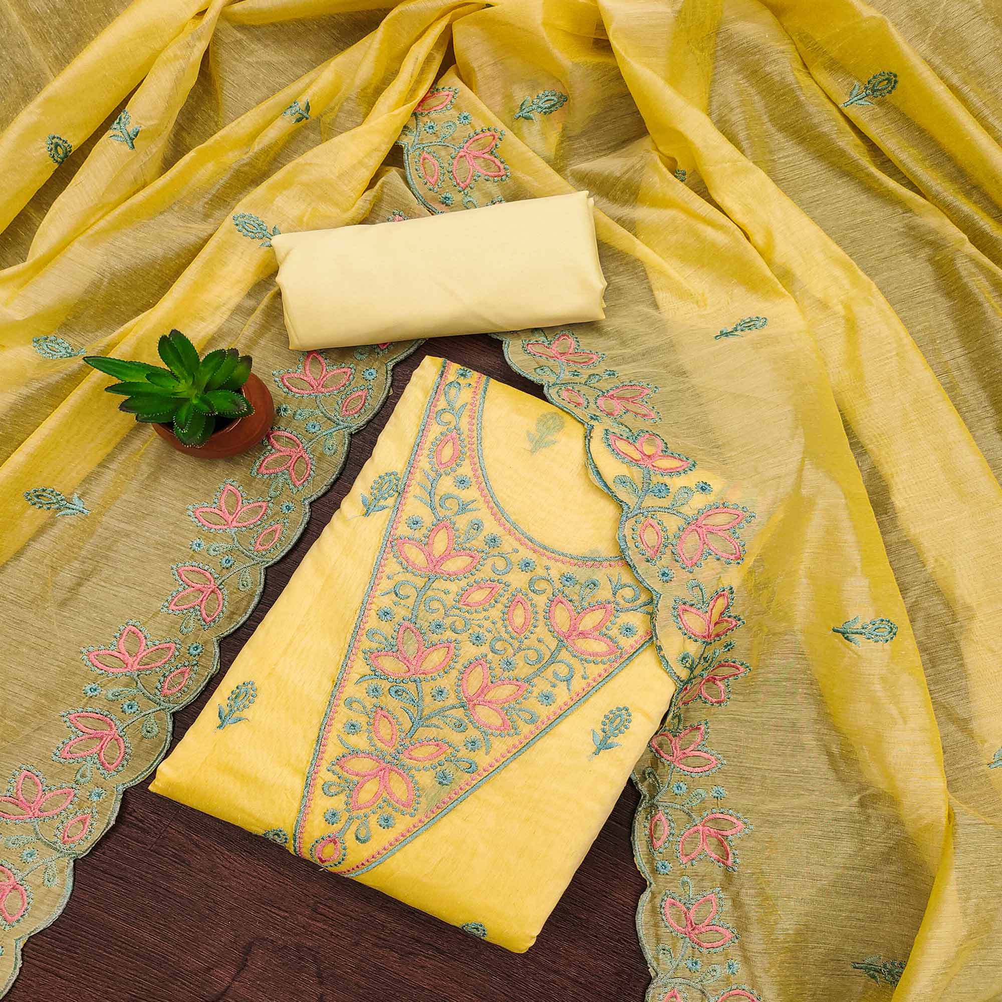Yellow Floral Embroidered Chanderi Dress Material