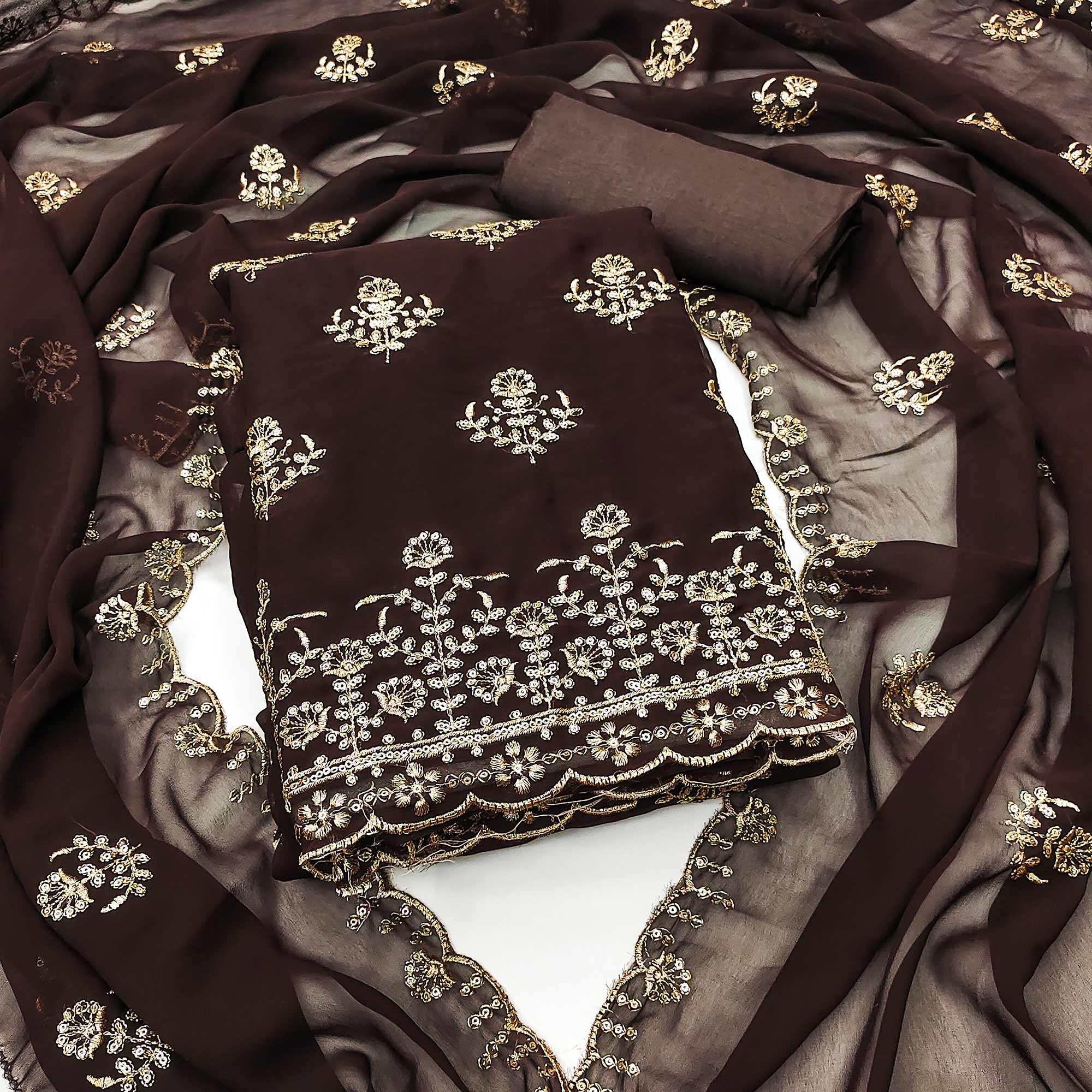 Brown Floral Sequins Embroidered Georgette Dress Material