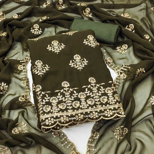 Mehendi Green Floral Sequins Embroidered Georgette Dress Material