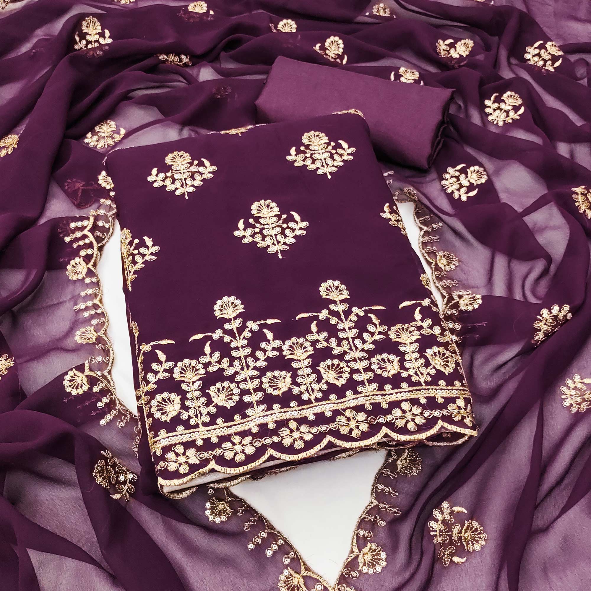 Wine Floral Sequins Embroidered Georgette Dress Material