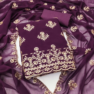 Wine Floral Sequins Embroidered Georgette Dress Material