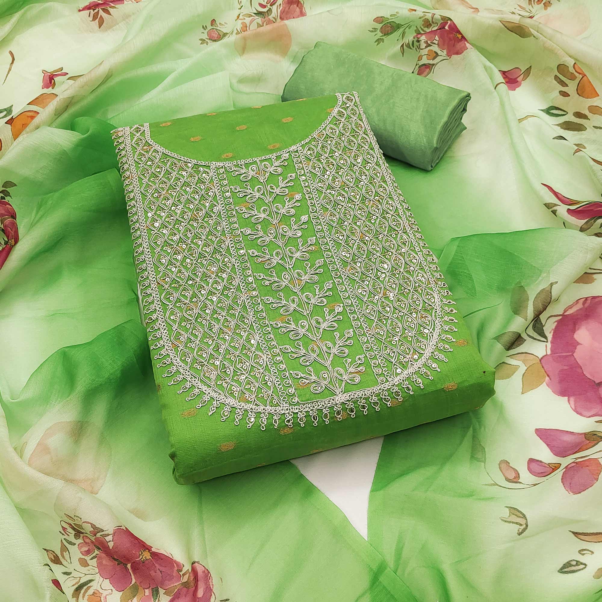 Green Woven With Sequins Embroidered Chanderi Dress Material