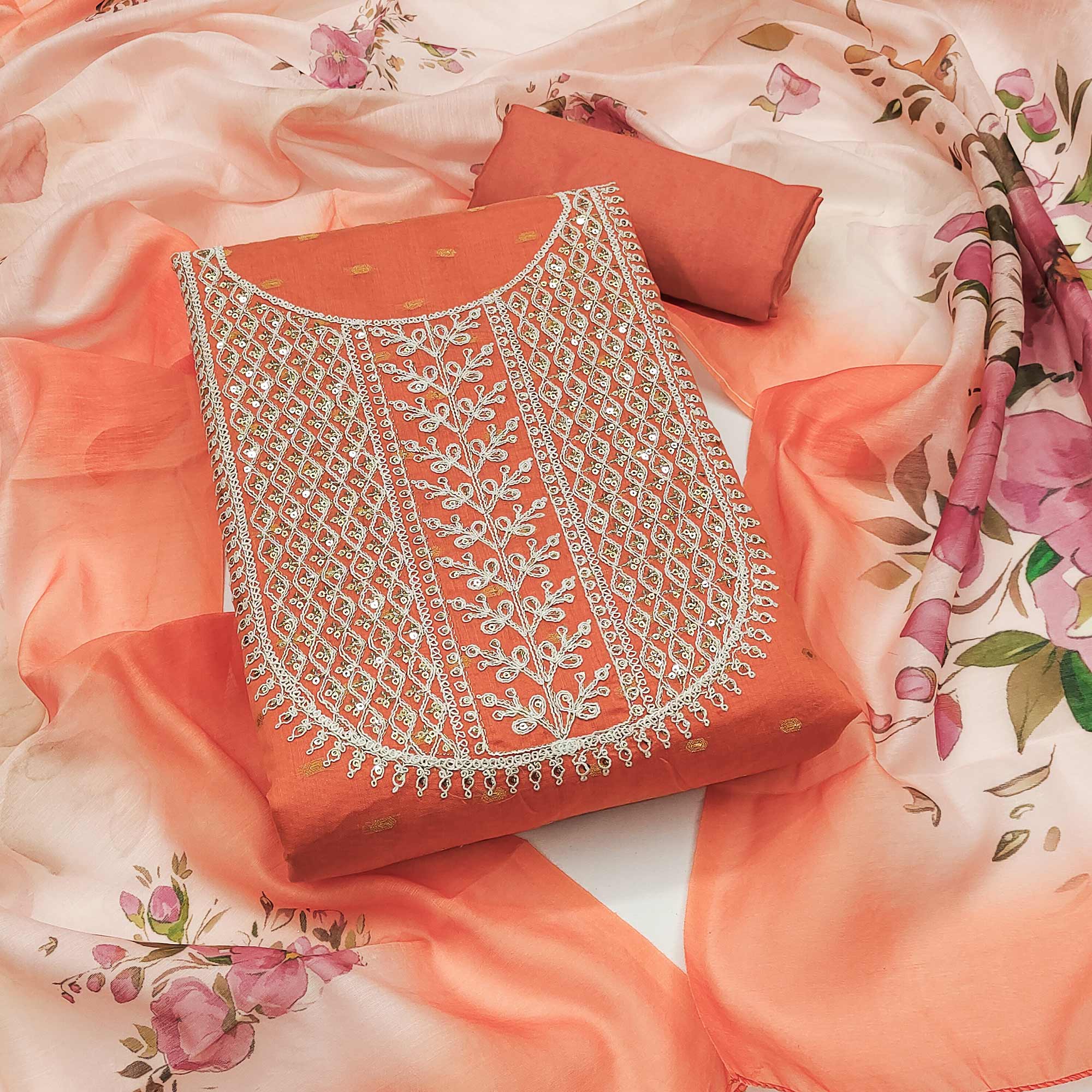 Orange Woven With Sequins Embroidered Chanderi Dress Material