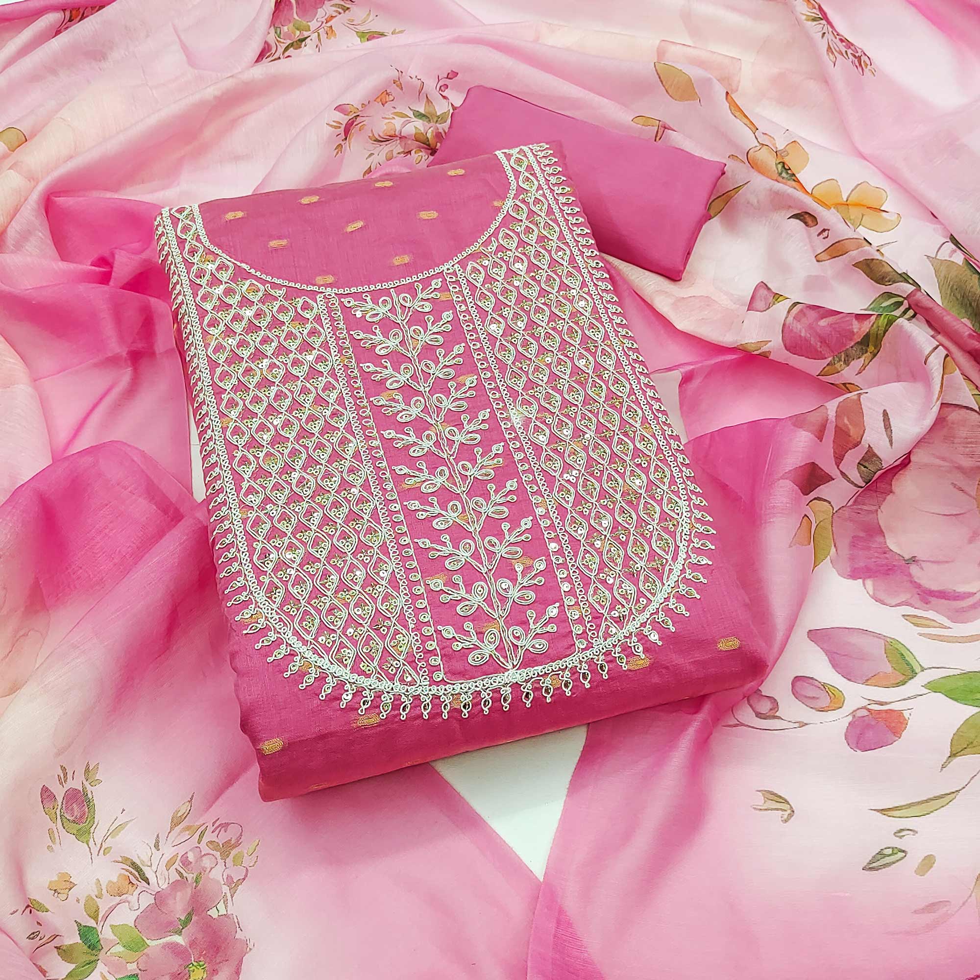 Pink Woven With Sequins Embroidered Chanderi Dress Material