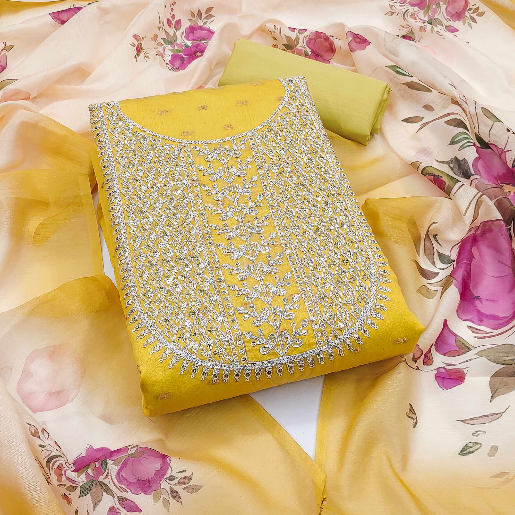 Yellow Woven With Sequins Embroidered Chanderi Dress Material