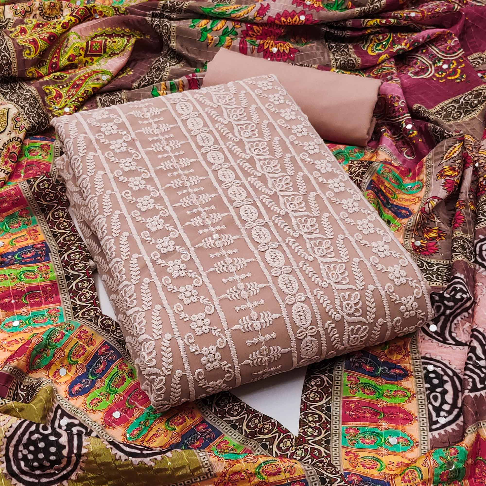 Coffee Brown Floral Chikankari Work Georgette Dress Material