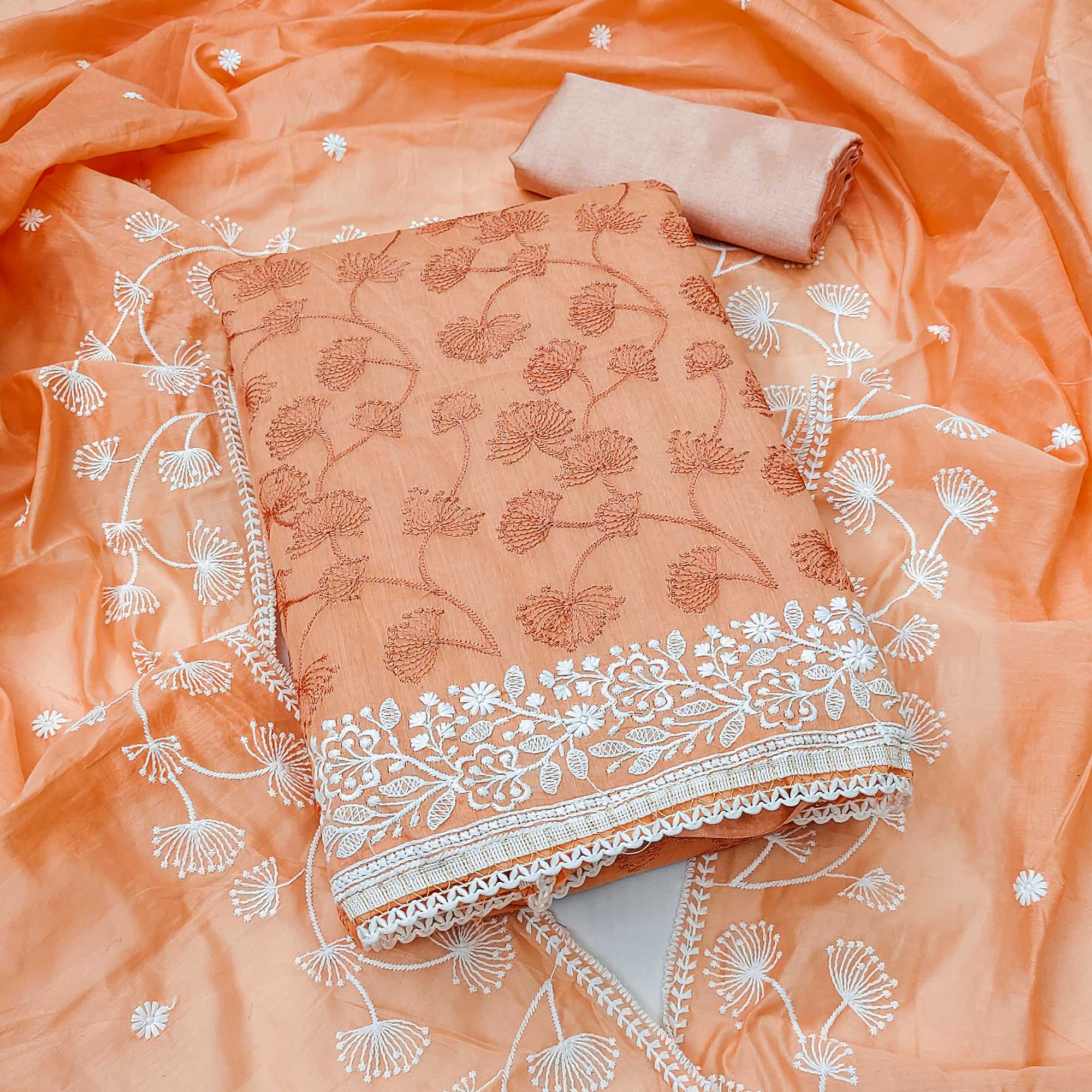 Peach Floral Embroidered Chanderi Dress Material