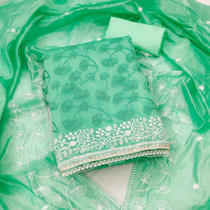 Sea Green Floral Embroidered Chanderi Dress Material