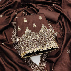 Brown Floral Embroidered Cotton Blend Dress Material