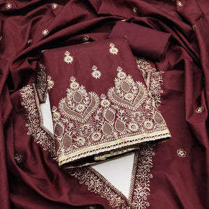 Maroon Floral Embroidered Cotton Blend Dress Material