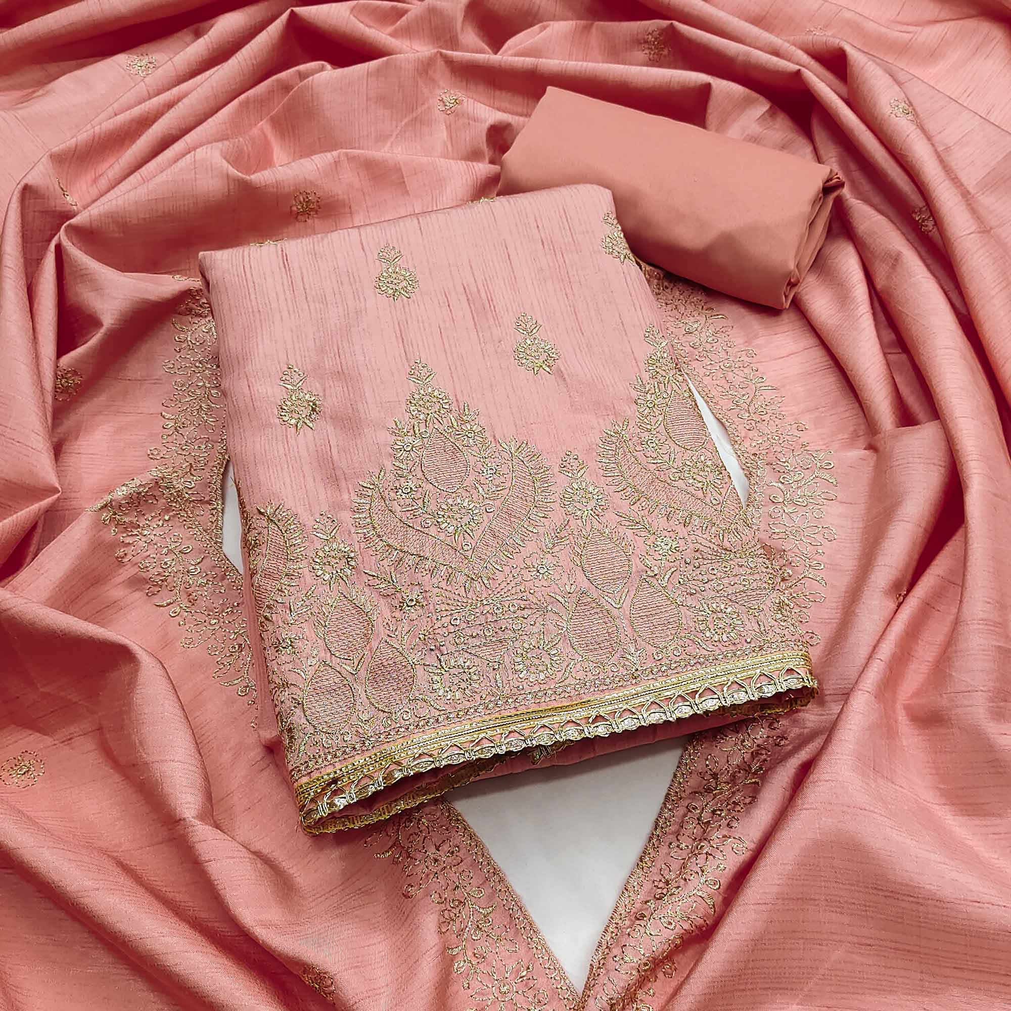 Peach Floral Embroidered Cotton Blend Dress Material