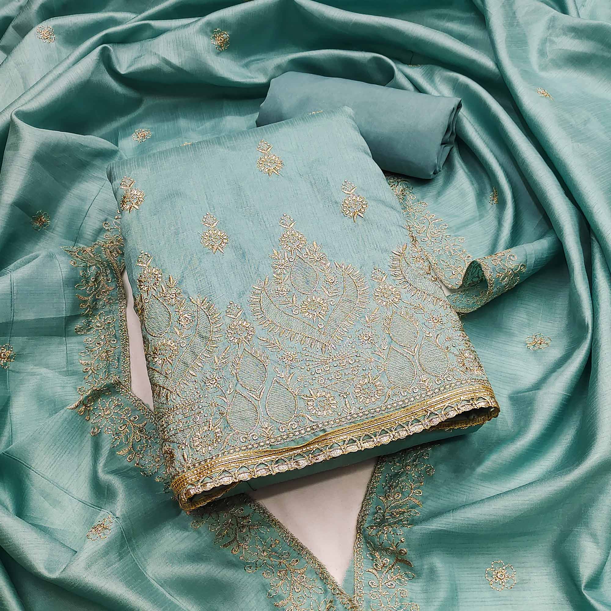 Turquoise Floral Embroidered Cotton Blend Dress Material