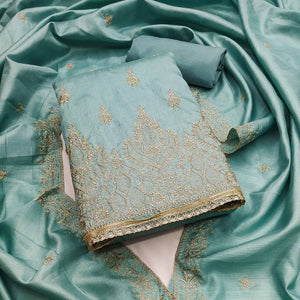 Turquoise Floral Embroidered Cotton Blend Dress Material