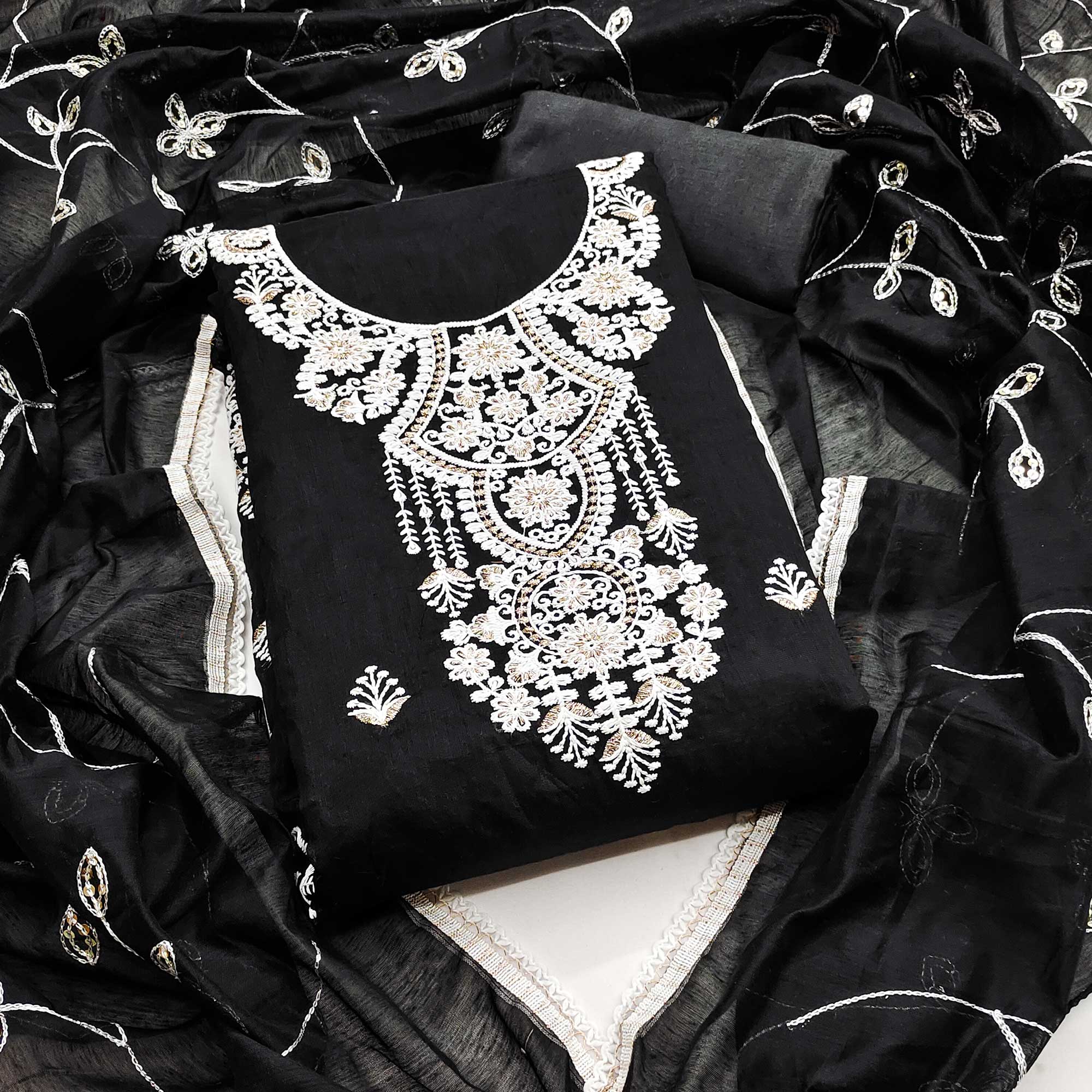 Black Floral Embroidered Chanderi Dress Material