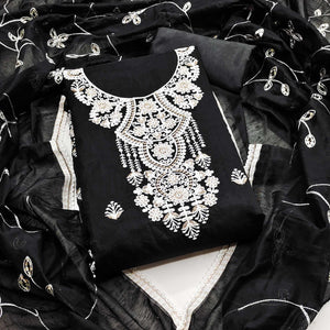 Black Floral Embroidered Chanderi Dress Material