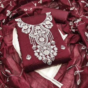 Maroon Floral Embroidered Chanderi Dress Material