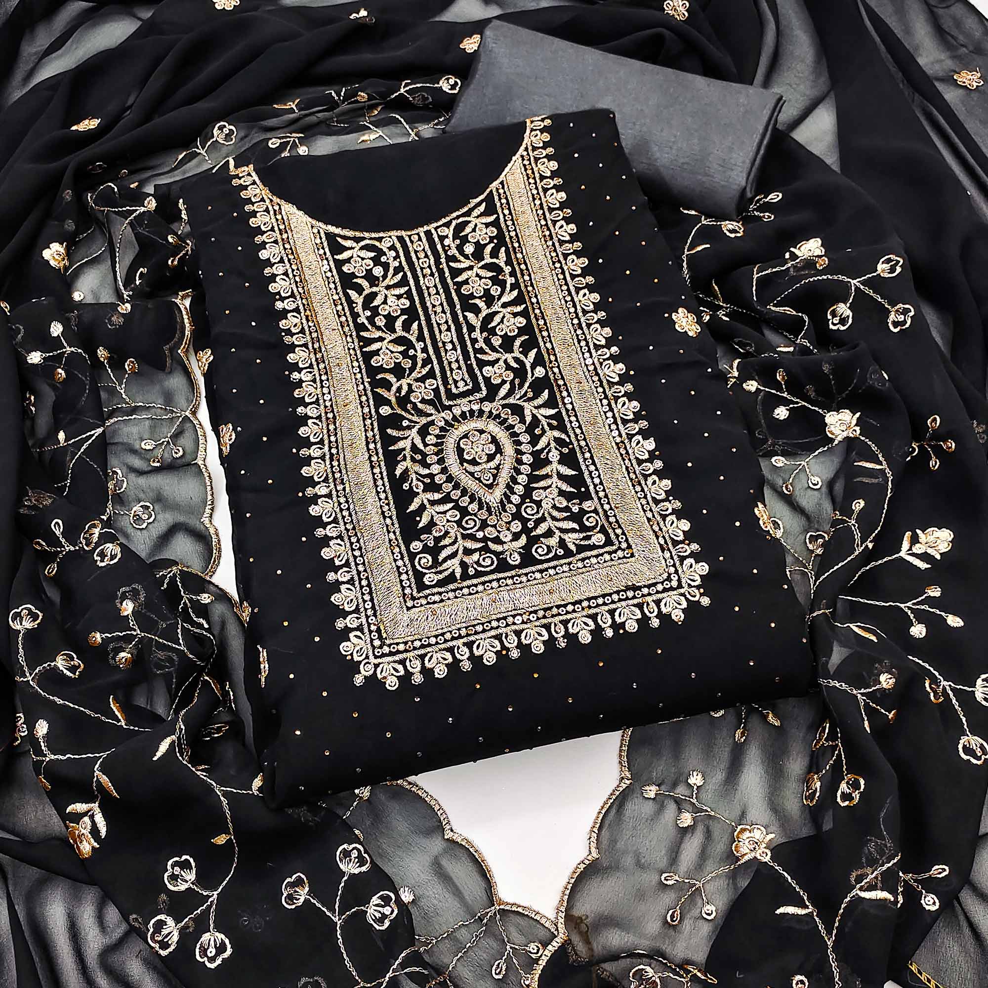 Black Floral Embroidery With Stonework Georgette Dress Material
