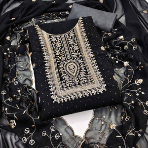 Black Floral Embroidery With Stonework Georgette Dress Material