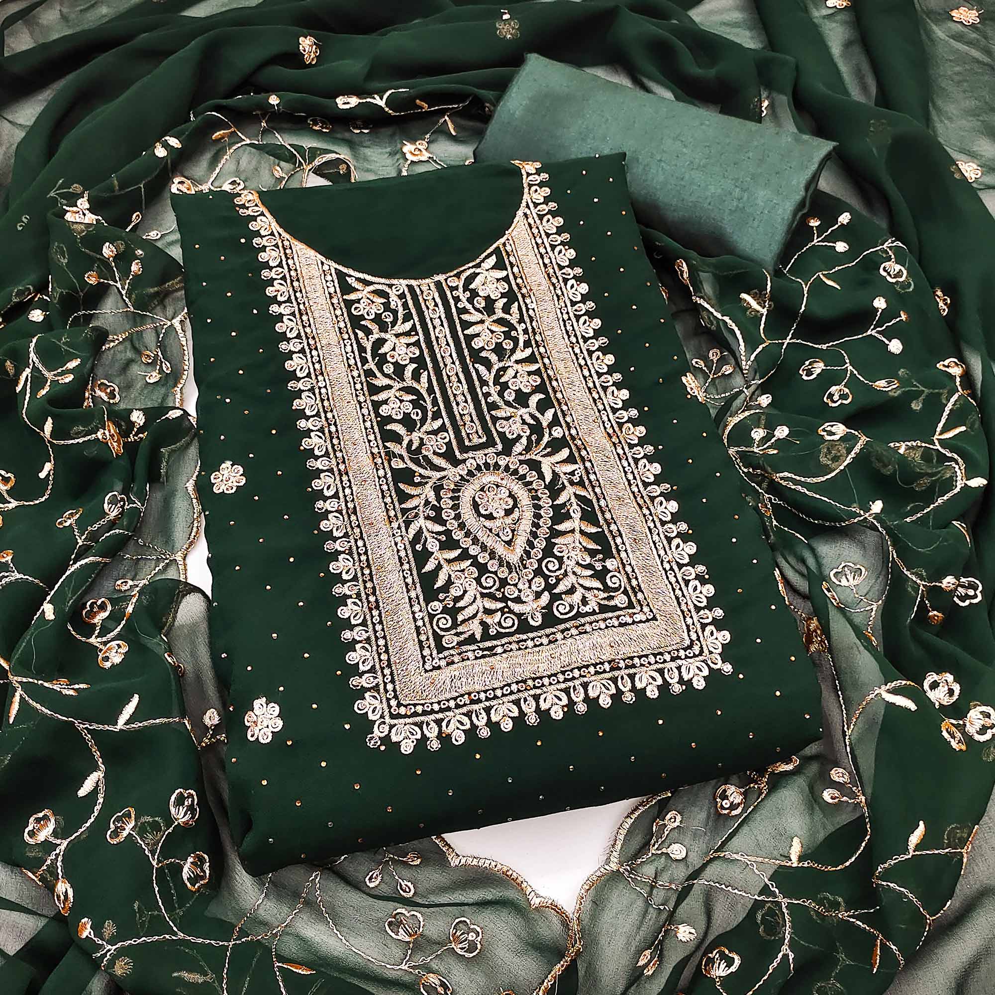 Green Floral Embroidery With Stonework Georgette Dress Material