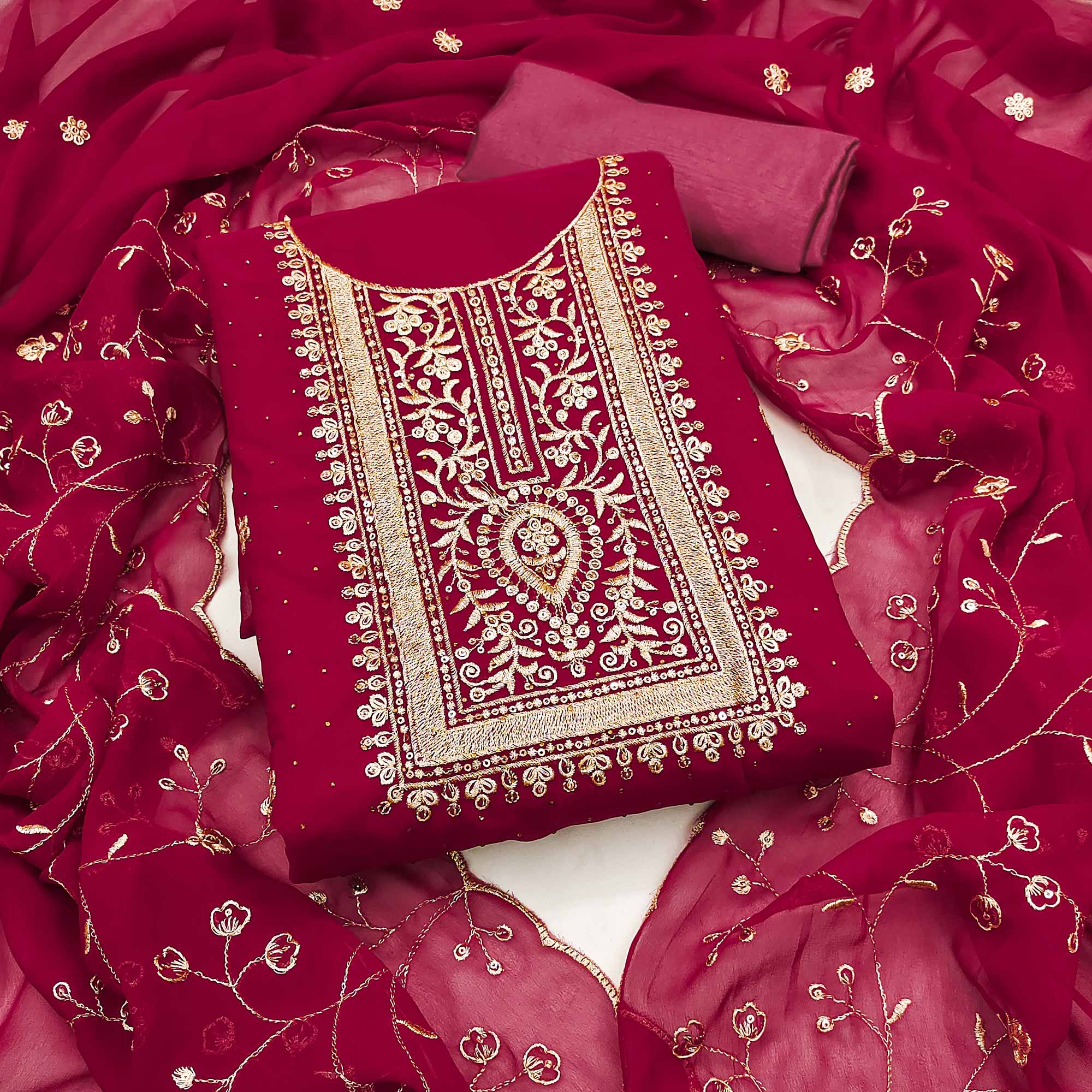 Maroon Floral Embroidery With Stonework Georgette Dress Material